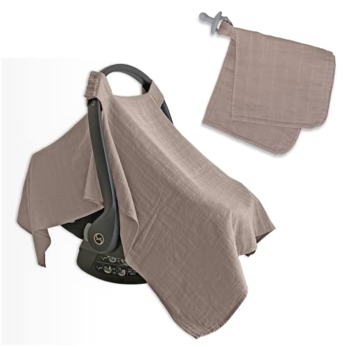 Premium MOZAH Car Seat Cover & Baby Lovey Pacifier Blanket - Soft & Warm Taupe for Infants - Perfect for Strollers, Car Seats & Nursery Comfort