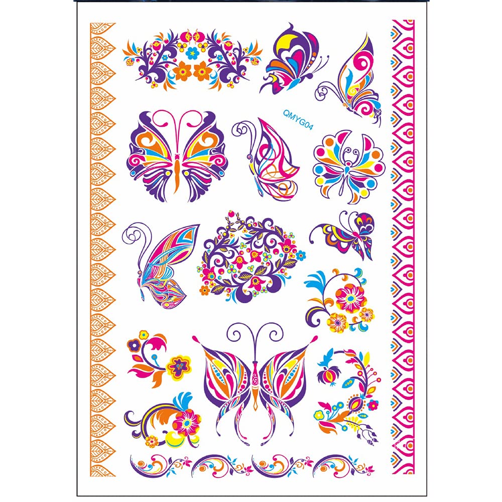 UV Glow Temporary Tattoos for Men & Women - Neon Body Art Stickers with Garland Flower & Butterfly Designs (21x15cm) | Waterproof Fake Tattoos for Parties, Festivals & Night Events