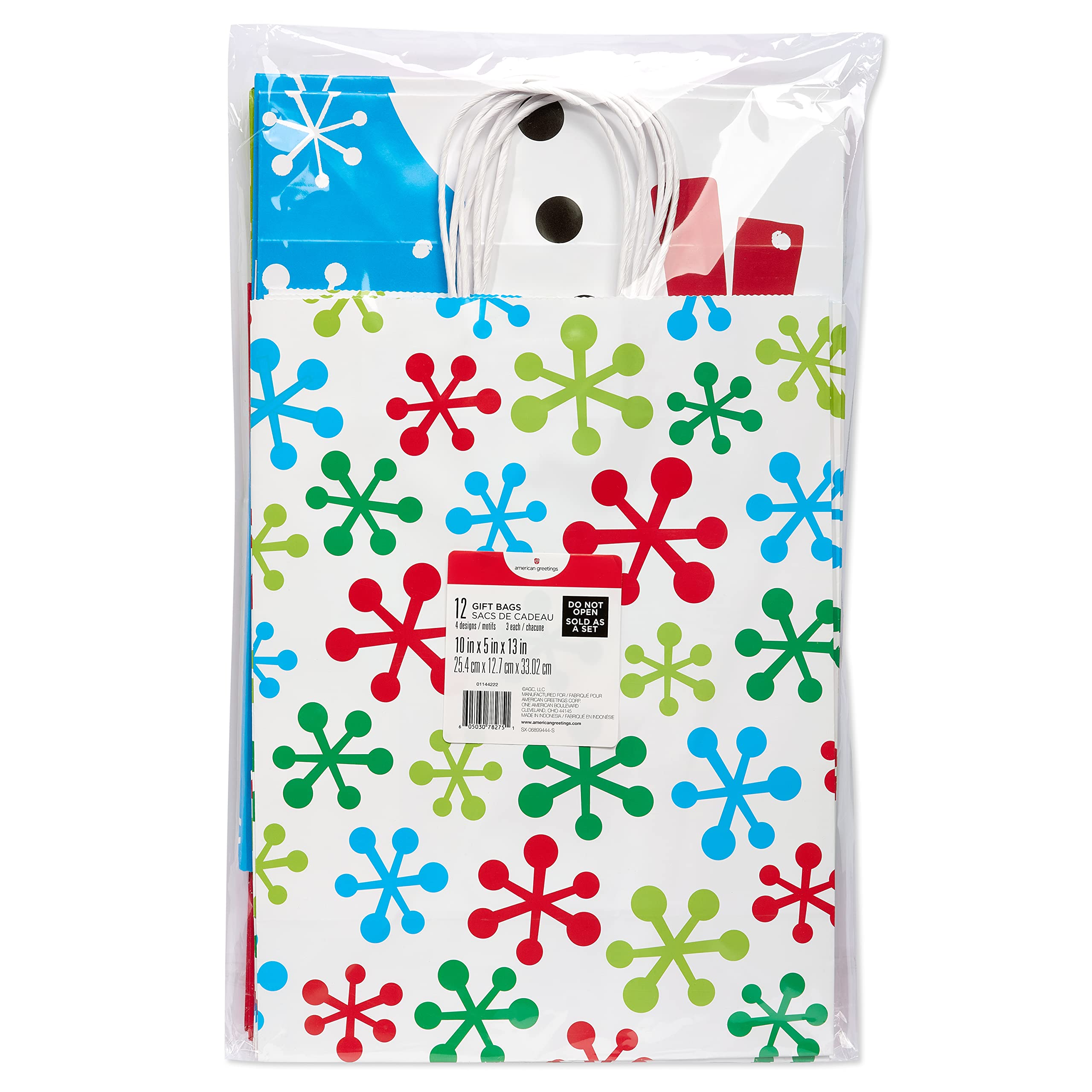 American Greetings 13'' Large Christmas Gift Bags - Santa, Snowman & Snowflakes Design (12 Pack) | Holiday Wrapping for Presents, Party Favors & Festive Decorations