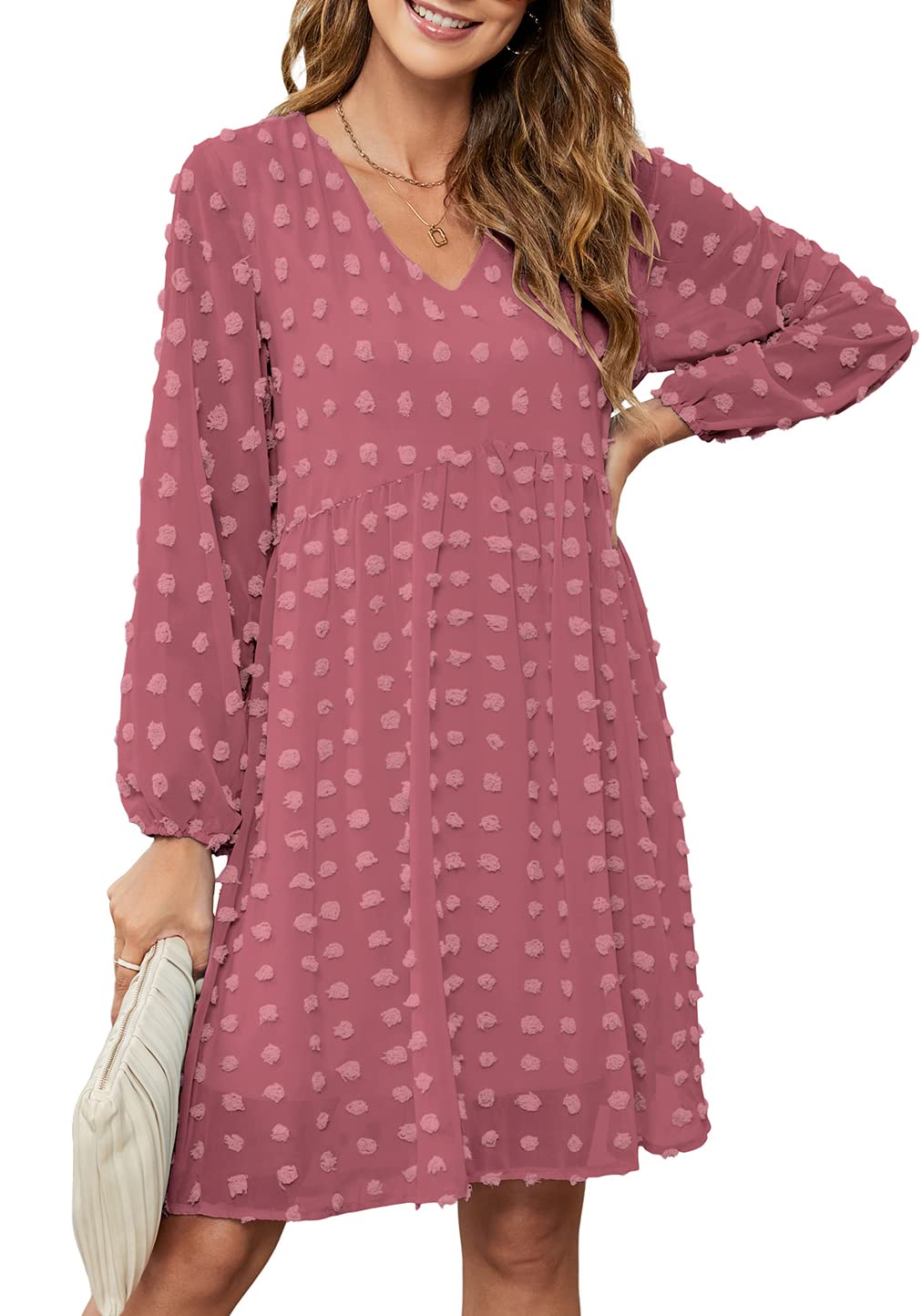 OURS Women's Summer Short Sleeve Flowy Mini Dress - V Neck Sexy Casual Swiss Dot Dress for Beach, Party & Date Night | Loose Fit Comfortable Sundress