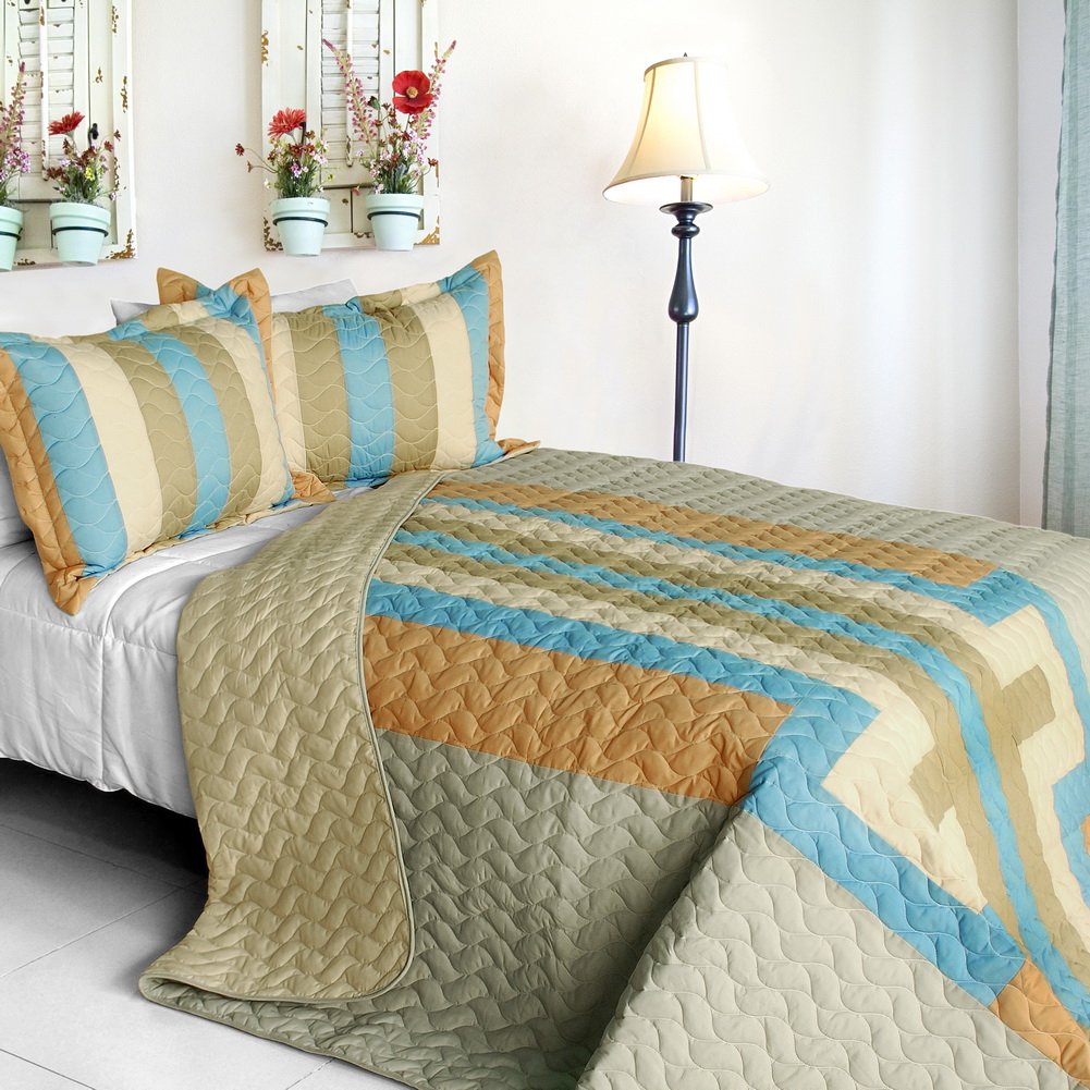 3PC Vermicelli-Quilted Patchwork Quilt Set - Full/Queen Size Bedding | Soft & Stylish Comforter Cover for Cozy Bedroom Decor - Perfect for Guest Rooms, Master Bedrooms & Dorm Essentials
