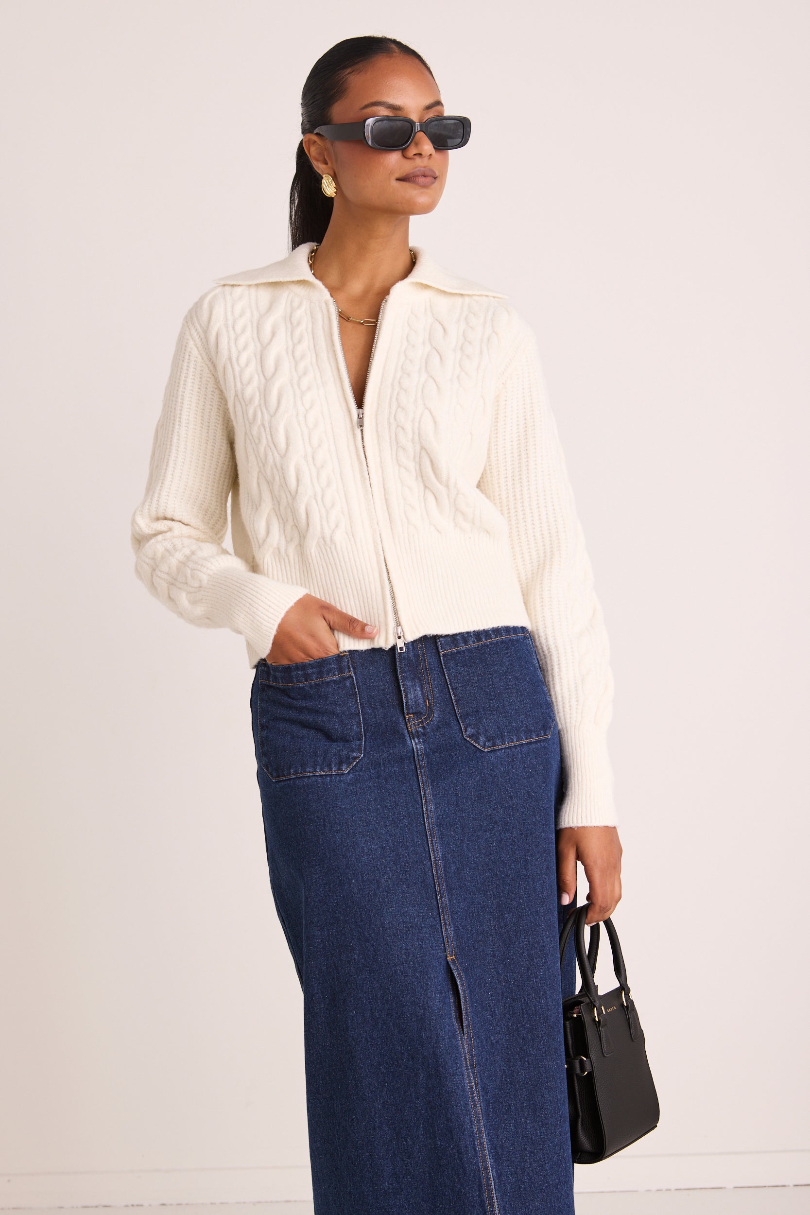 Central Ivory Zip Through Knit Jumper - Women's Casual Pullover Sweater for Fall & Winter | Perfect for Office, Travel and Everyday Wear