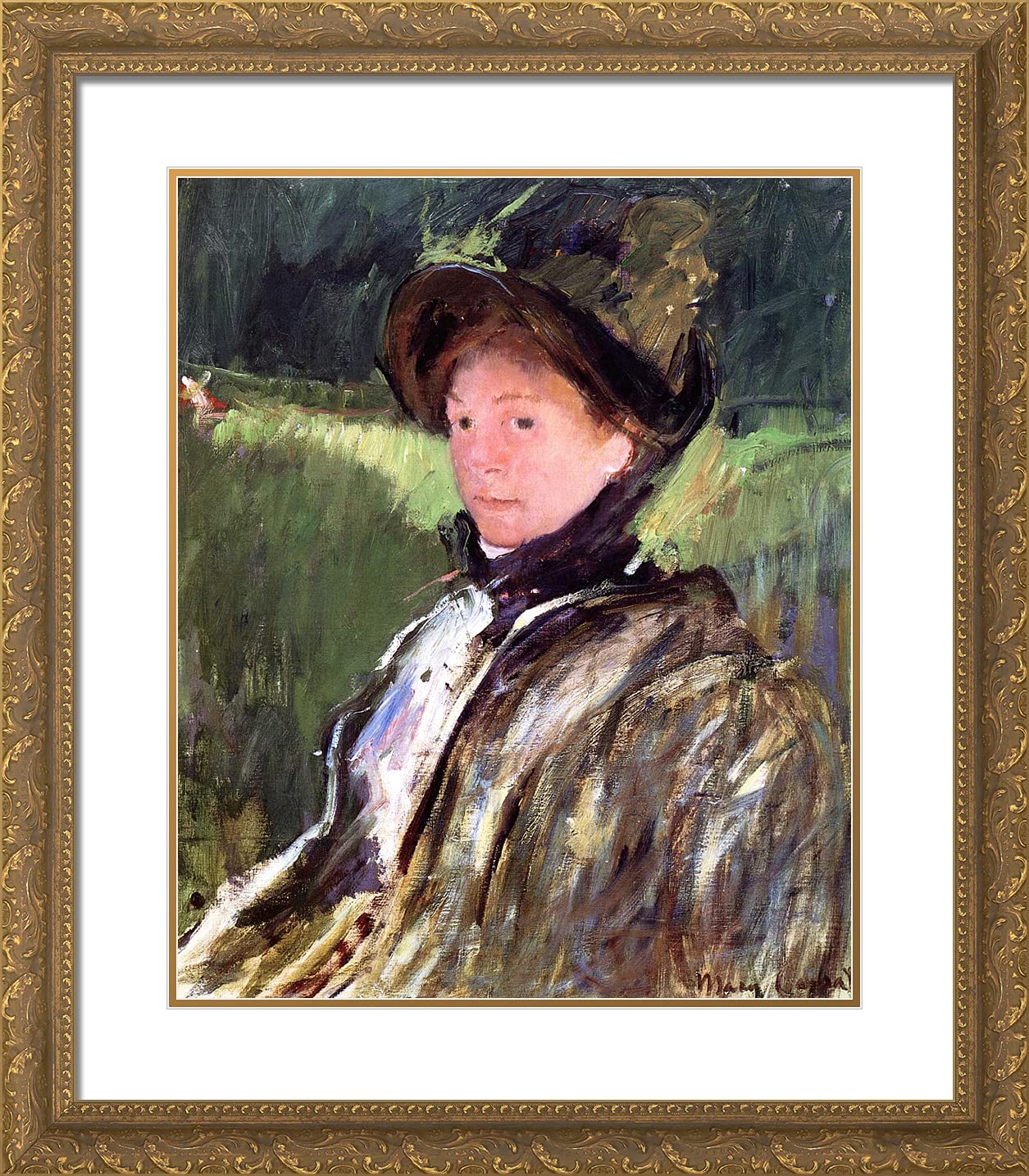 Mary Cassatt 'Lydia in a Green Bonnet' 20x23 Gold Ornate Framed Art Print with Double Matting - Classic Home Decor for Living Room, Bedroom & Office