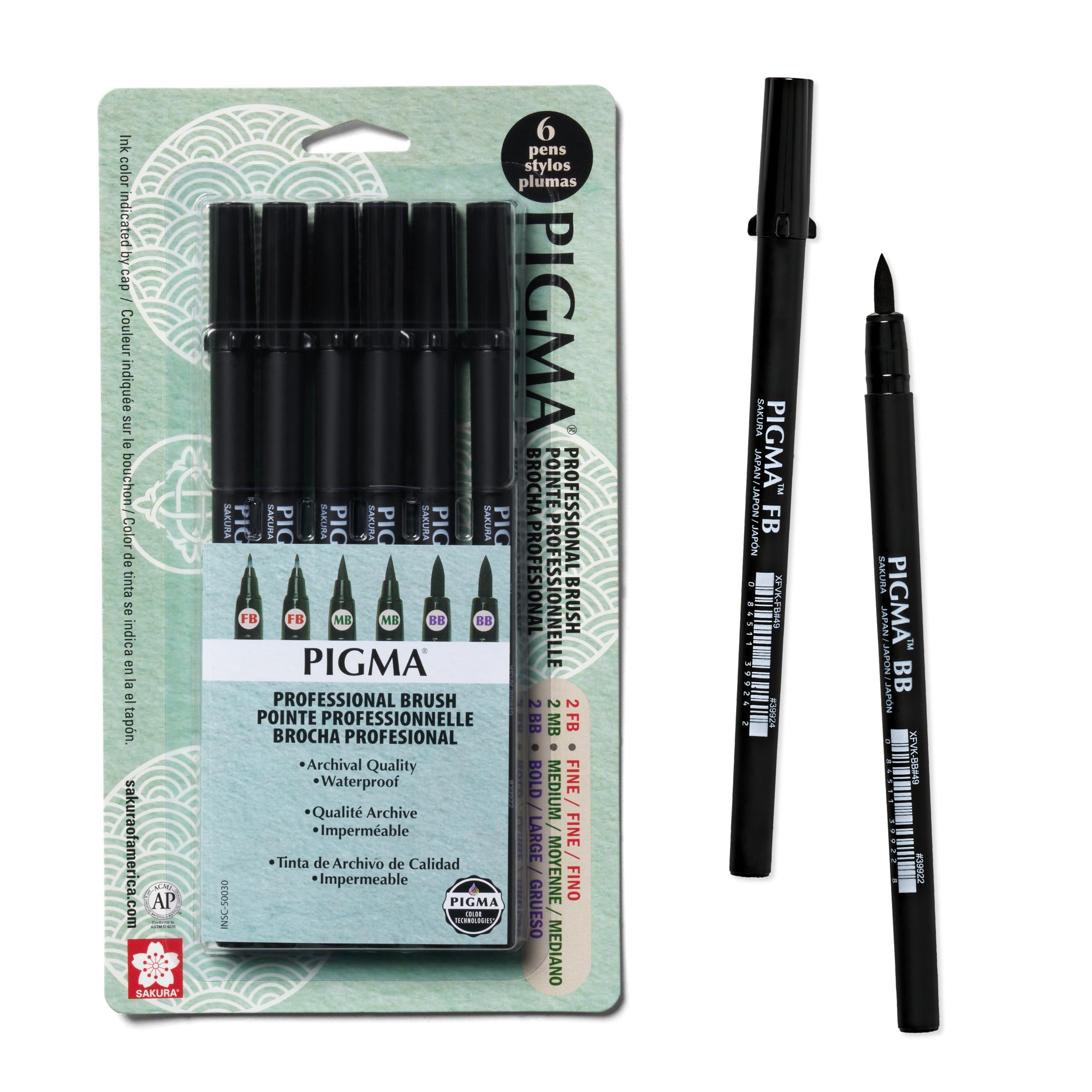 SAKURA Pigma Professional Brush Pens Set - Fine, Medium, Bold Black Ink Brush Tip Markers - 6 Pack for Calligraphy, Hand Lettering, Illustration & Art Projects