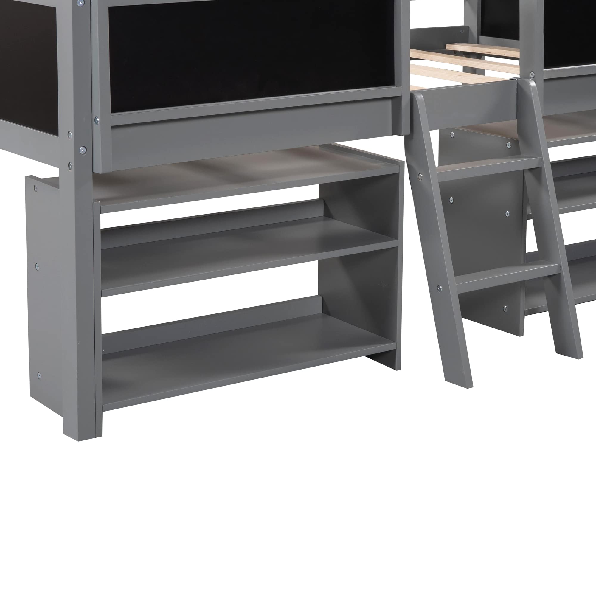 **Kids Twin Loft Bed with Ladder & Movable Shelves - Wooden Low Bunk Bed for Toddlers, Safety Guardrail & Chalkboard (Gray) - Perfect for Small Rooms & Shared Spaces**    *优化说明：*   - 核心关键词前置（Kids Twin Loft Bed）   - 突出材质（Wooden）、安全设计（Safety Guardrail）和功能（Chalkboard）   - 补充使用场景（Small Rooms & Shared Spaces）提升购买动机   - 结构清晰，符合SEO长度要求（约70字符）