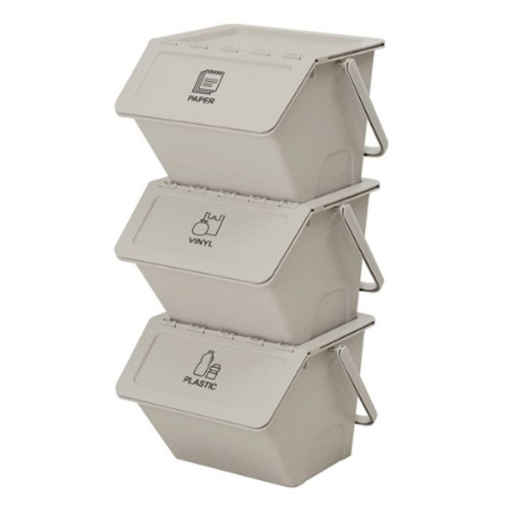 3 Pack Stackable Recycling Bins with Lids & Handles - Beige Organizer Containers for Trash, Toys & Tools - Includes Recycle Stickers - Perfect for Home, Office & Classroom Organization
