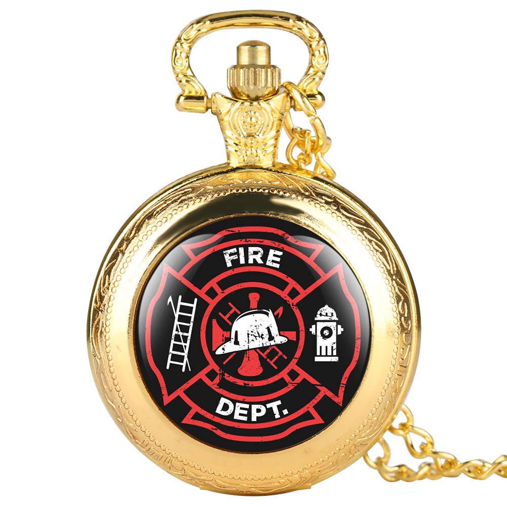 Luxury Gold Men's Pocket Watch - Unique Fire Department Design, Quartz Movement, White Dial with Arabic Numerals - Perfect Gift for Teen Boys & Firefighter Enthusiasts | Formal Events, Collectibles & Special Occasions