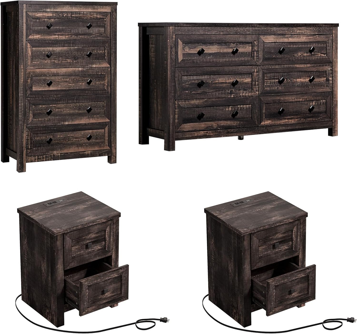 Farmhouse Bedroom Furniture Set - 4 Piece Rustic Wood Dresser & Nightstand with Charging Station | 6-Drawer Storage Dresser, 5-Drawer Dresser & 2 Nightstands | Black Farmhouse Style Bedroom Decor for Cozy Home & Guest Room Setup