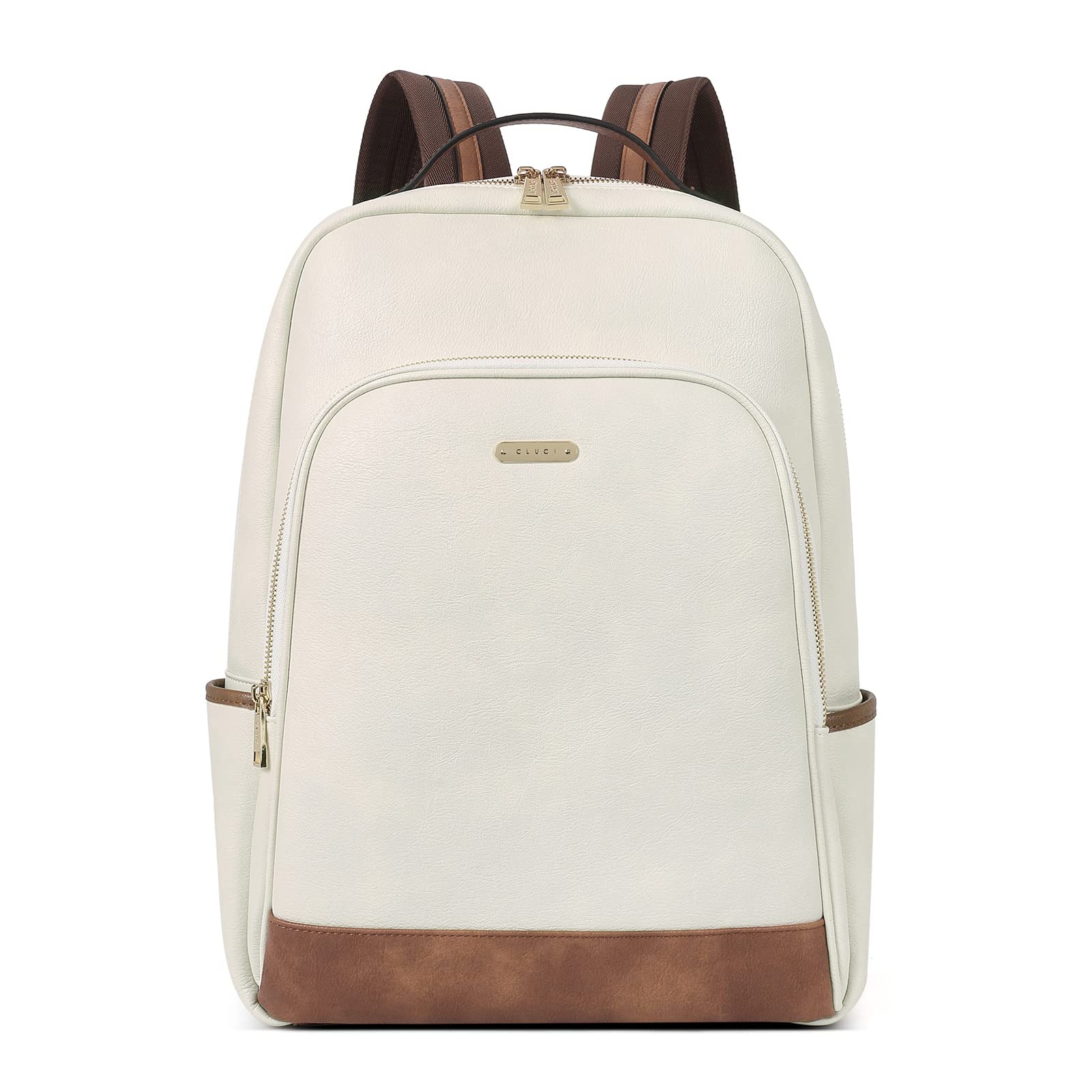 CLUCI Women's Leather Backpack - 15.6 Inch Laptop Backpack Purse for Travel, Work & School - Stylish Casual Daypack with Airplane-Friendly Design in Beige & Brown | Perfect for Commuting, Business Trips & College
