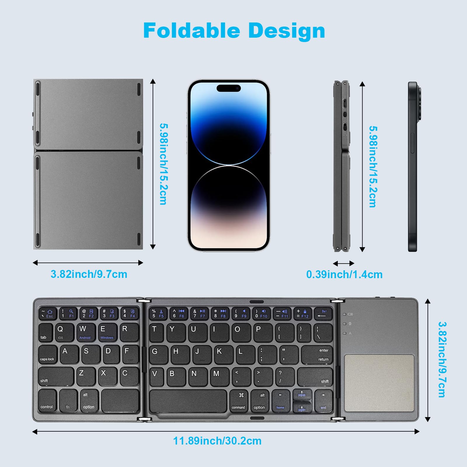 Foldable Bluetooth Keyboard with Touchpad - Rechargeable Wireless Mini Keyboard for PC, Tablet, Samsung, Android, iOS, Smartphone (Dark Gray) - Perfect for Travel, Office & Home Use