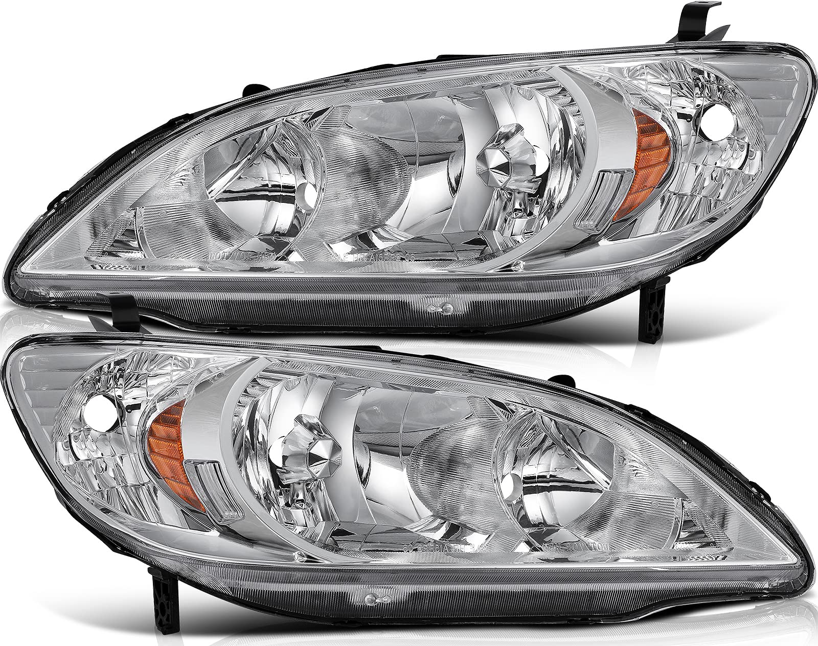 2004-2005 Honda Civic Headlight Assembly - Chrome Housing, Amber Reflector, Clear Lens - Driver & Passenger Side Headlamps - Perfect for Night Driving & Auto Restoration Projects