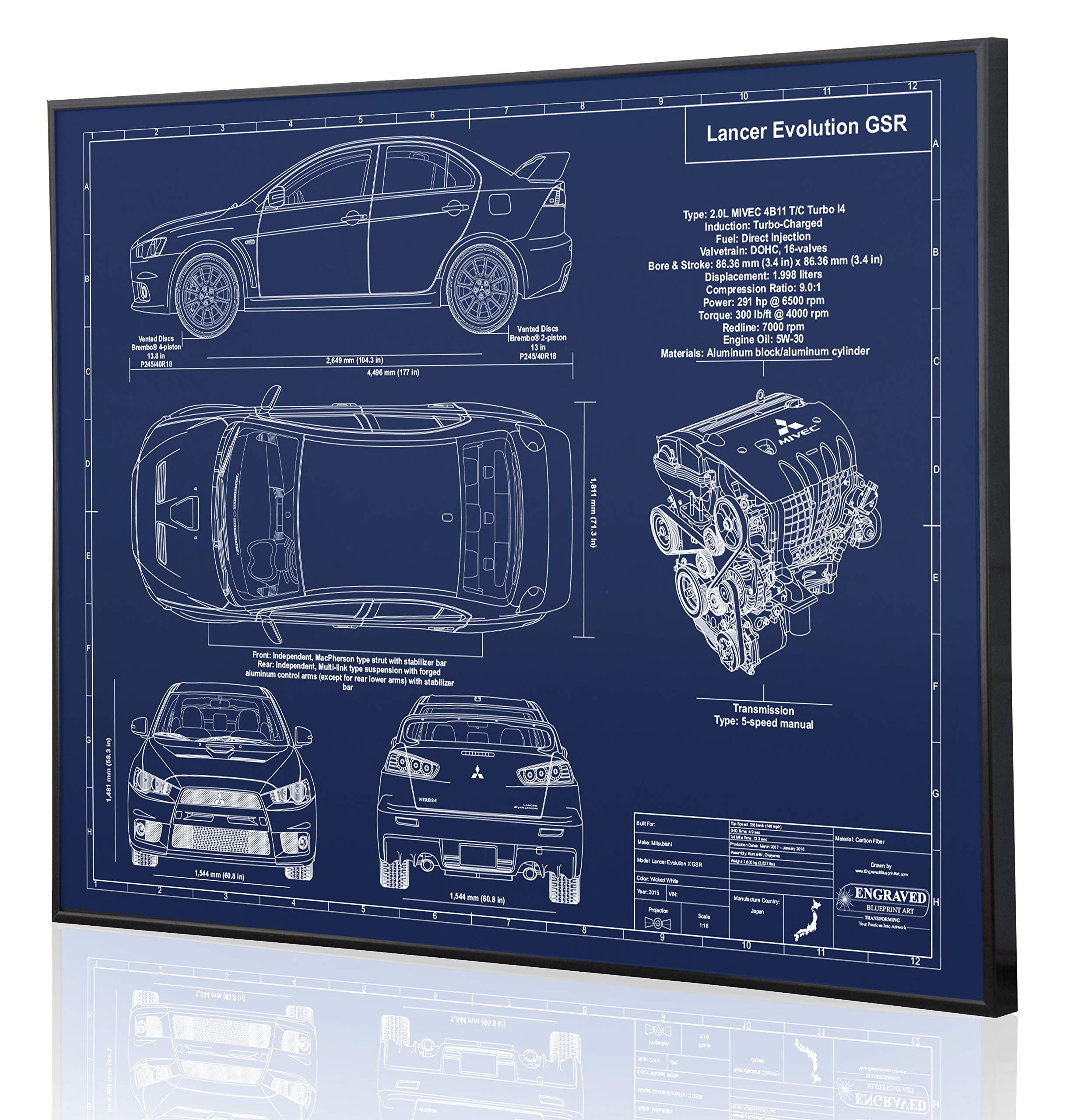 Mitsubishi Lancer Evolution X Blueprint Artwork - Laser Engraved Custom Car Decor - Perfect Gift for Mitsubishi Enthusiasts - Home Office Wall Art & Man Cave Decor