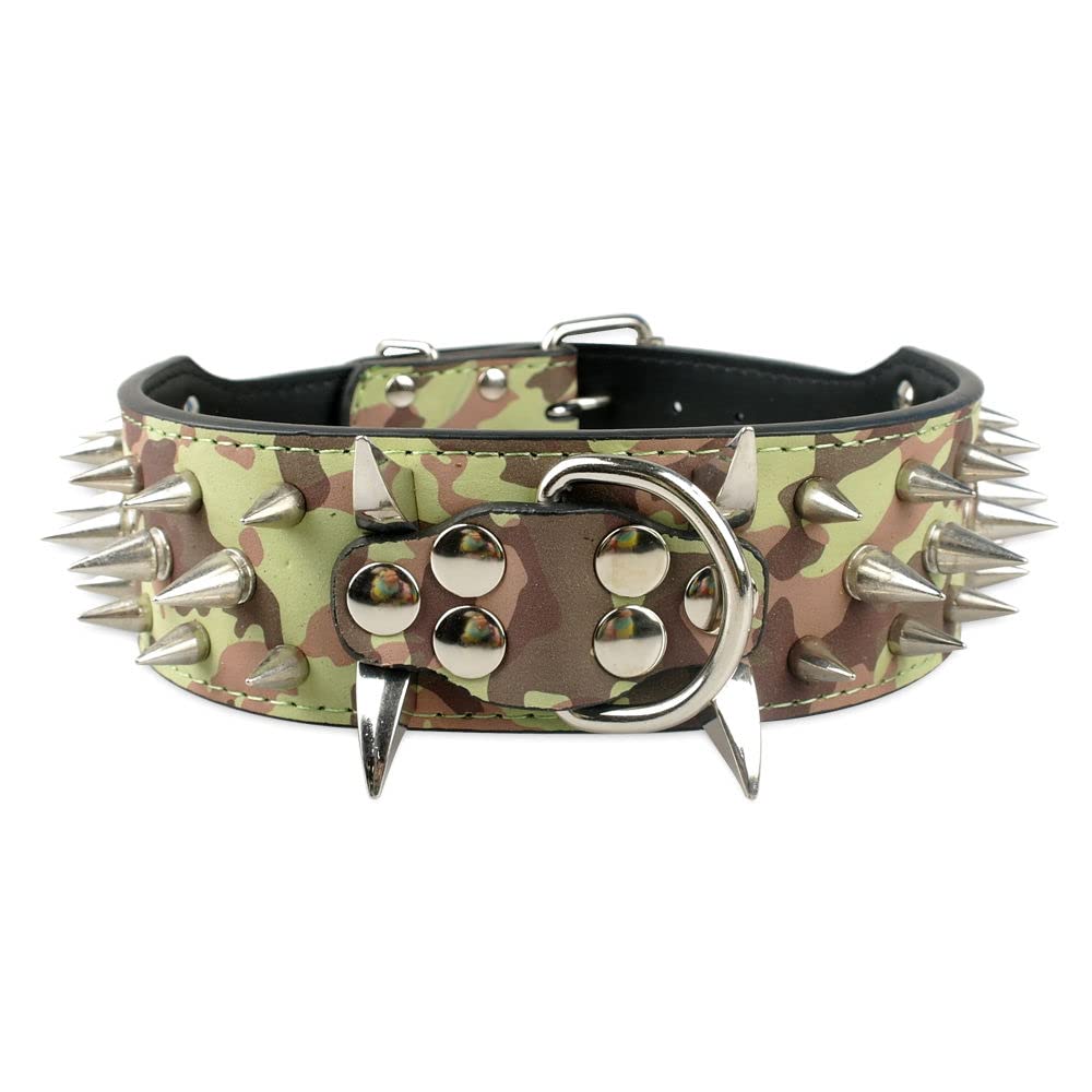 2 Inch Wide Sharp Spiked Studded Leather Dog Collar for Medium & Large Dogs - Pitbull, Labrador, Boxer, Rottweiler, German Shepherd (17-20 inch, Camouflage) | Durable & Stylish for Training, Protection & Outdoor Adventures
