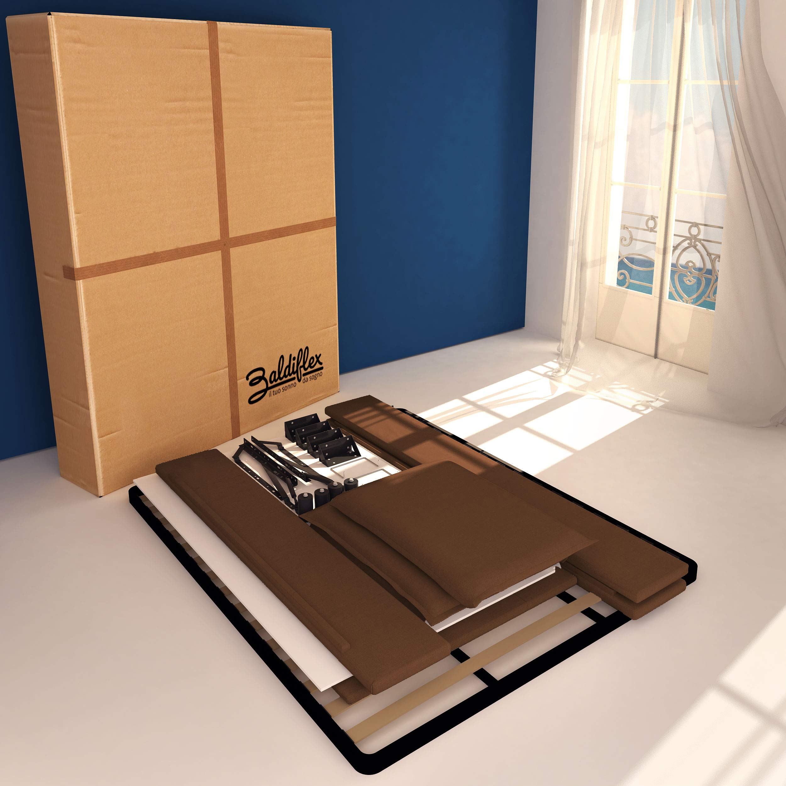 Baldiflex Licia Fabric Queen Size Bed Frame with Slatted Base, Storage Drawer & Padded Headboard - 160x200cm, Brown - Perfect for Master Bedrooms & Guest Rooms