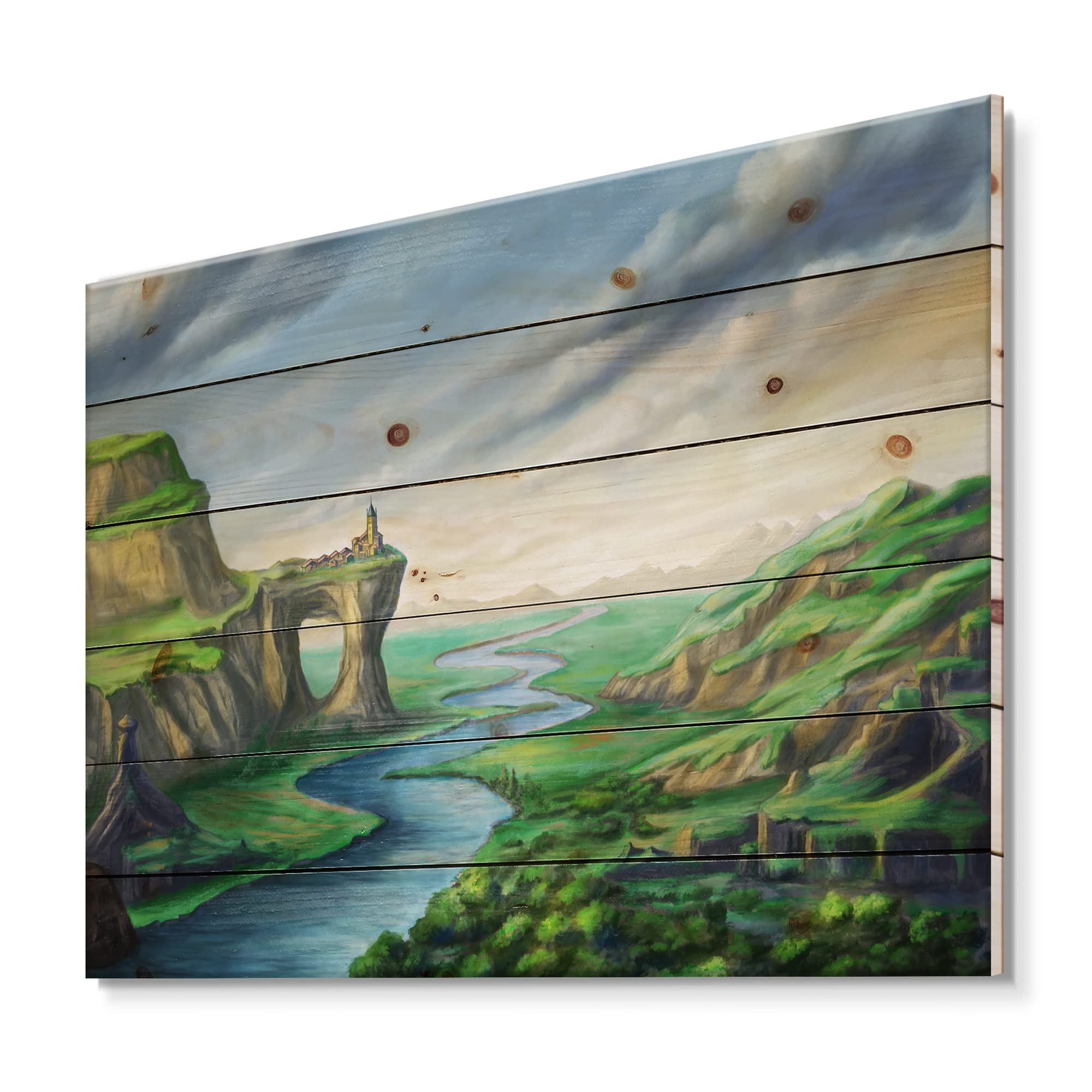 Blue Fantasy Landscape Wood Wall Art - Meandering River Lake House Decor, Large Pine Wood Wall Panels for Living Room, Bedroom & Office