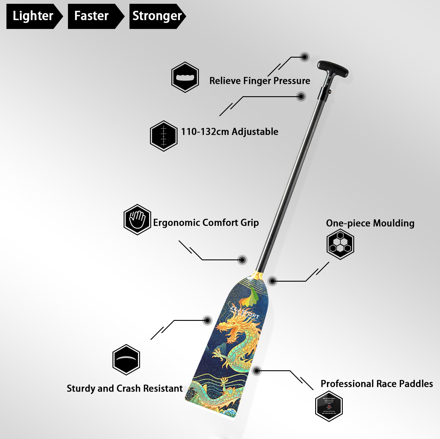 Z&J SPORT IDBF Approved Carbon Fiber Adjustable Dragon Boat Paddle with Dragon Graphic & T-Handle - Professional Racing Equipment for Dragon Boat Competitions & Team Training
