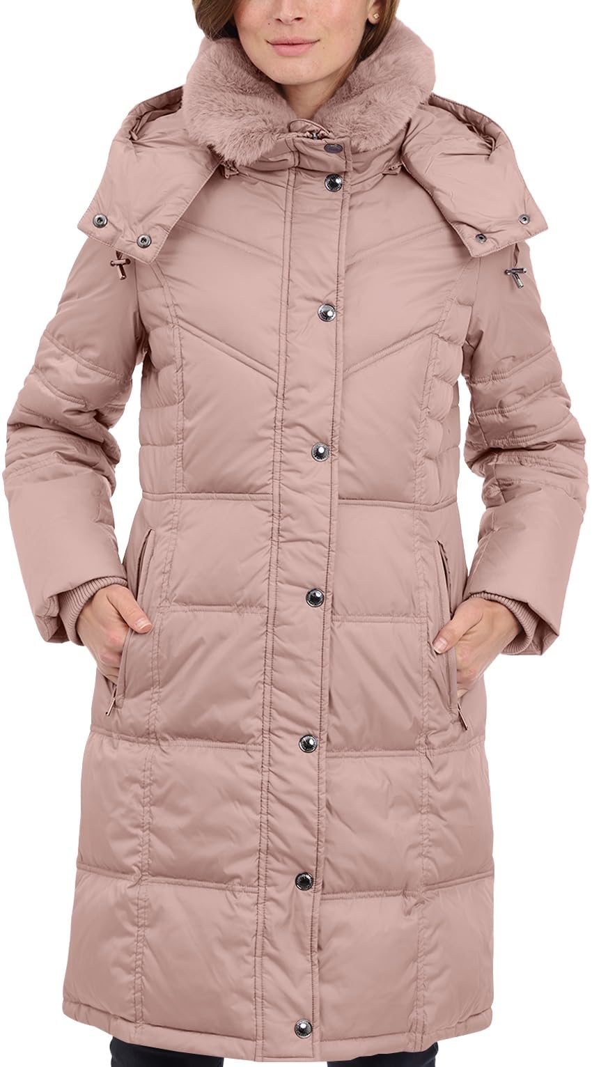 London Fog Women's Chevron Coat - Faux Fur Hood for Winter Fashion