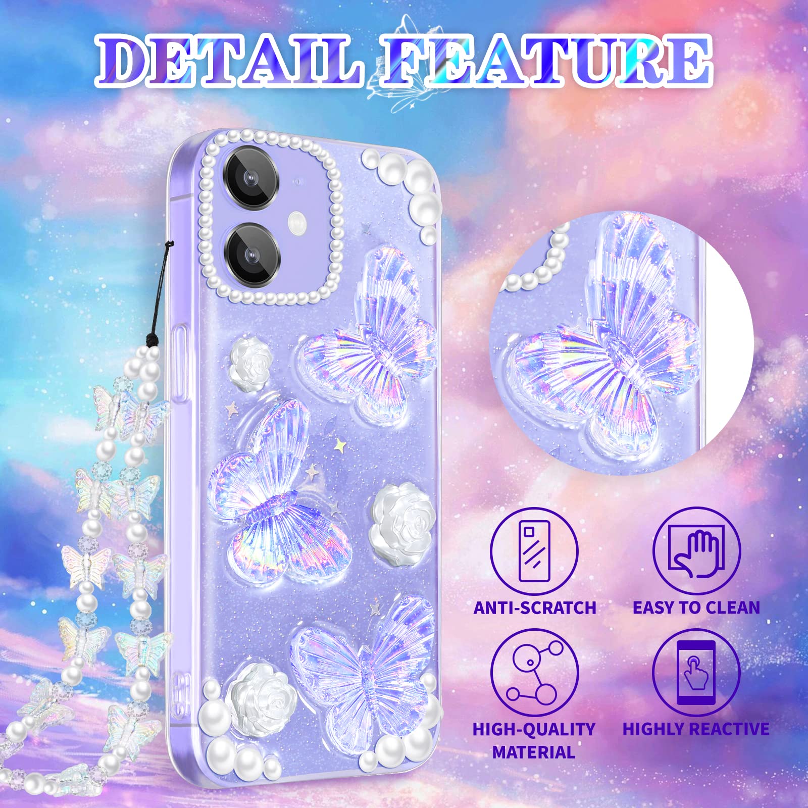 4-in-1 Clear Butterfly Glitter Phone Case for Apple iPhone 11 - Cute Girly Crystal Sparkle Design with Chain, Camera Cover & Screen Protector - Perfect Gift for Women & Teen Girls (School, Party, Daily Use)
