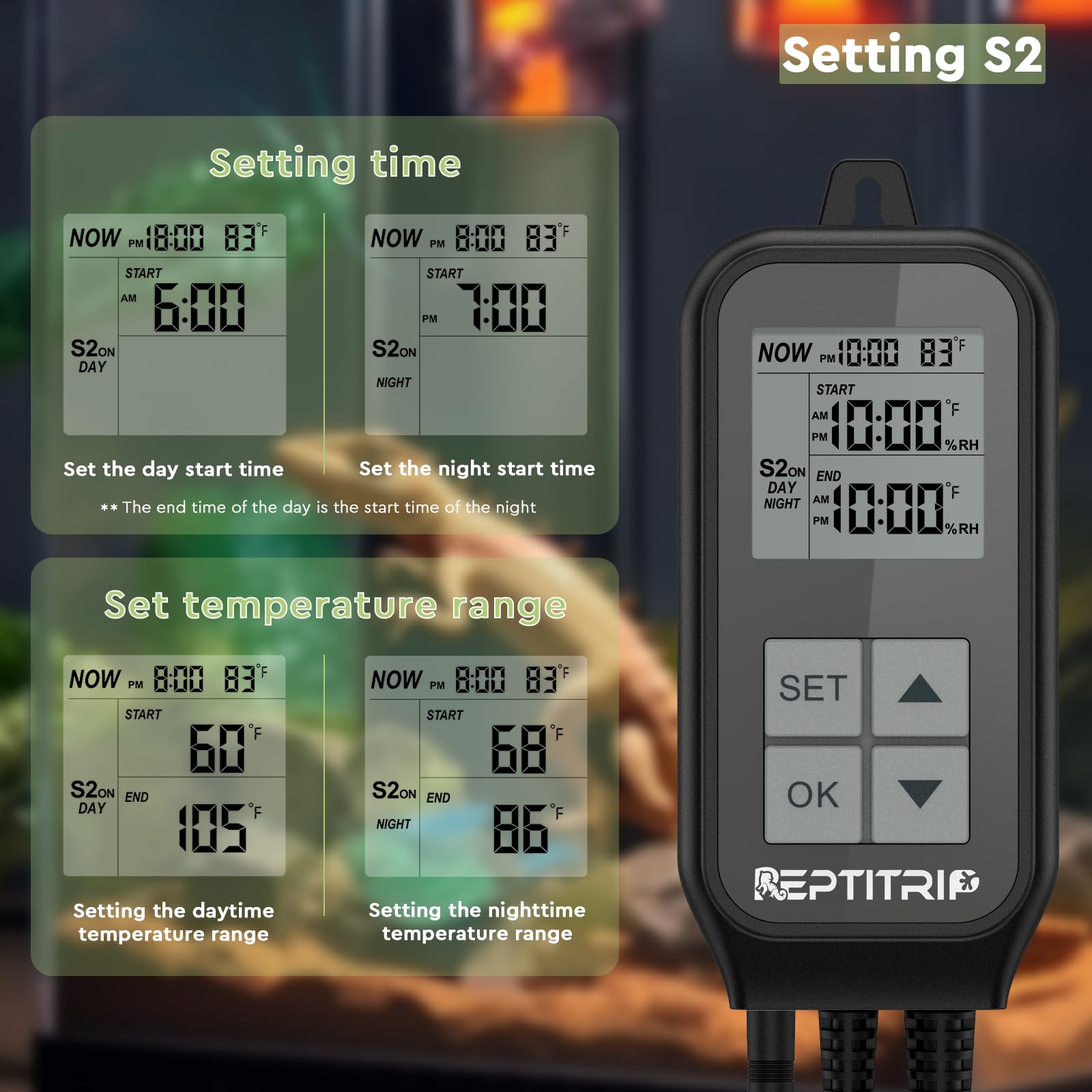 Reptile Thermostat & Light Timer - Digital Temperature Controller for UVB Light, Heat Lamp & Heating Pad - 10A 1250W Day/Night Cycle Thermostat with Thermometer - Perfect for Terrariums, Vivariums & Reptile Habitats