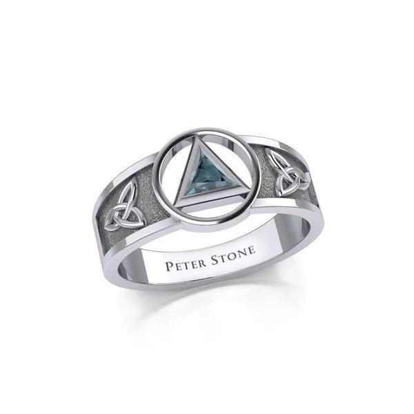 Celtic Trinity Knot Sterling Silver Ring with Inlaid Recovery Symbol - Elegant Irish Jewelry for Women, Men - Perfect for Weddings, Anniversaries & Spiritual Healing