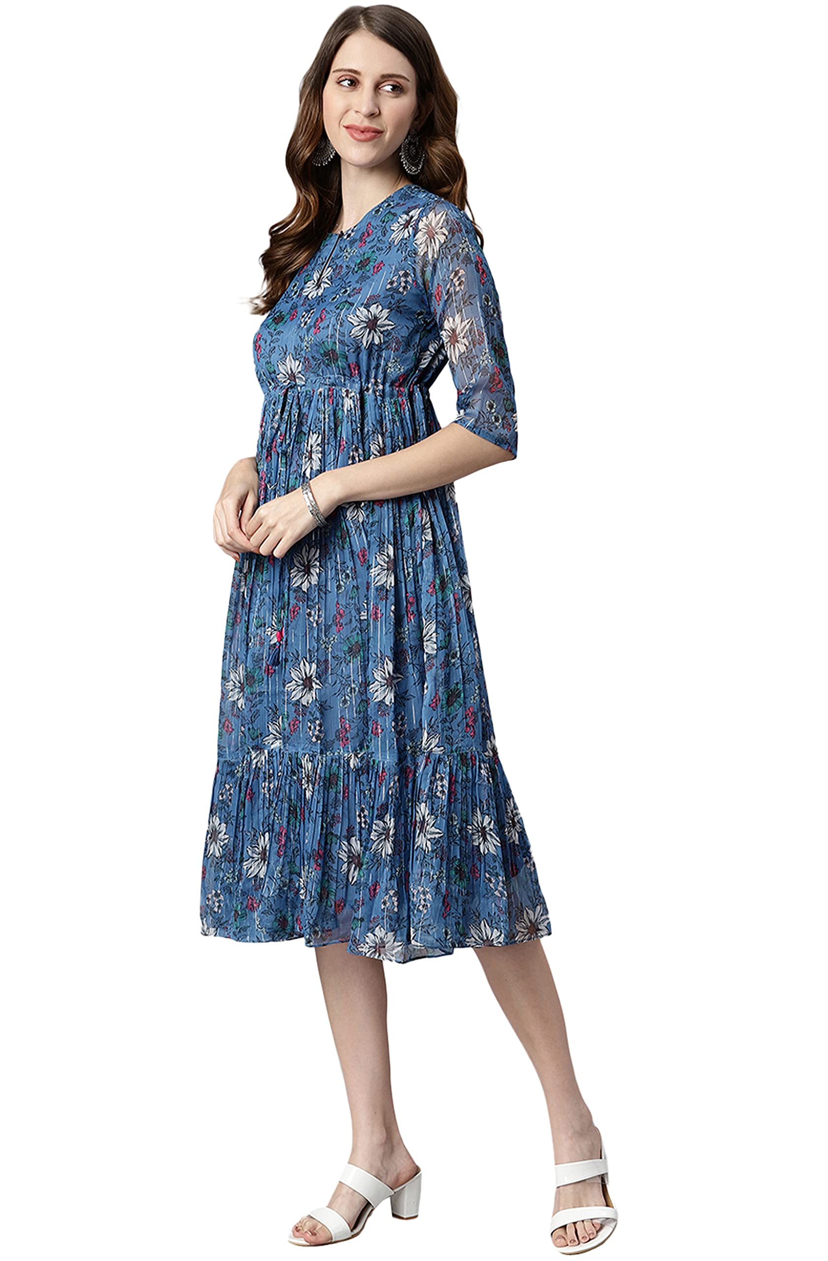 Janasya Indian Women's Blue Floral Printed Western Dress - Elegant Party Wear for Festivals, Weddings & Special Occasions