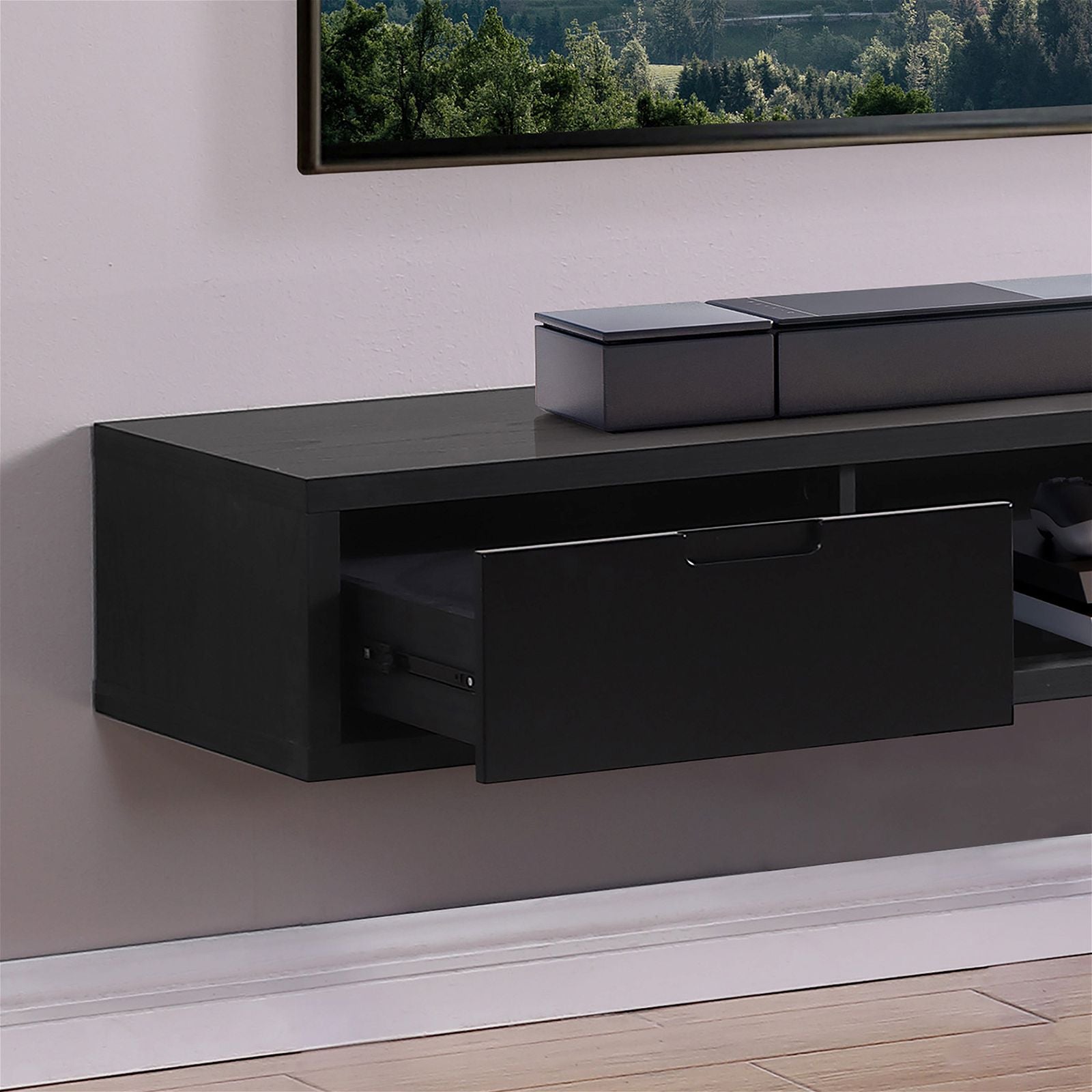 Criterion 1800mm Black Oak Wall Mounted TV Stand - Modern Entertainment Center for Living Room, Bedroom & Home Theater Setup