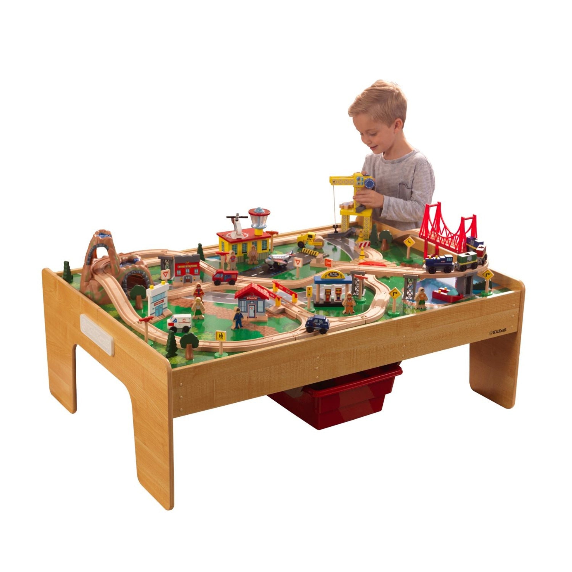 KidKraft Adventure Town Wooden Railway Train Set & Play Table - Interactive Toy for Kids, 100+ Pieces with Tracks, Trains & Accessories - Perfect for Imaginative Play & Learning (3+ Years) - Great for Playrooms, Daycares & Birthday Gifts