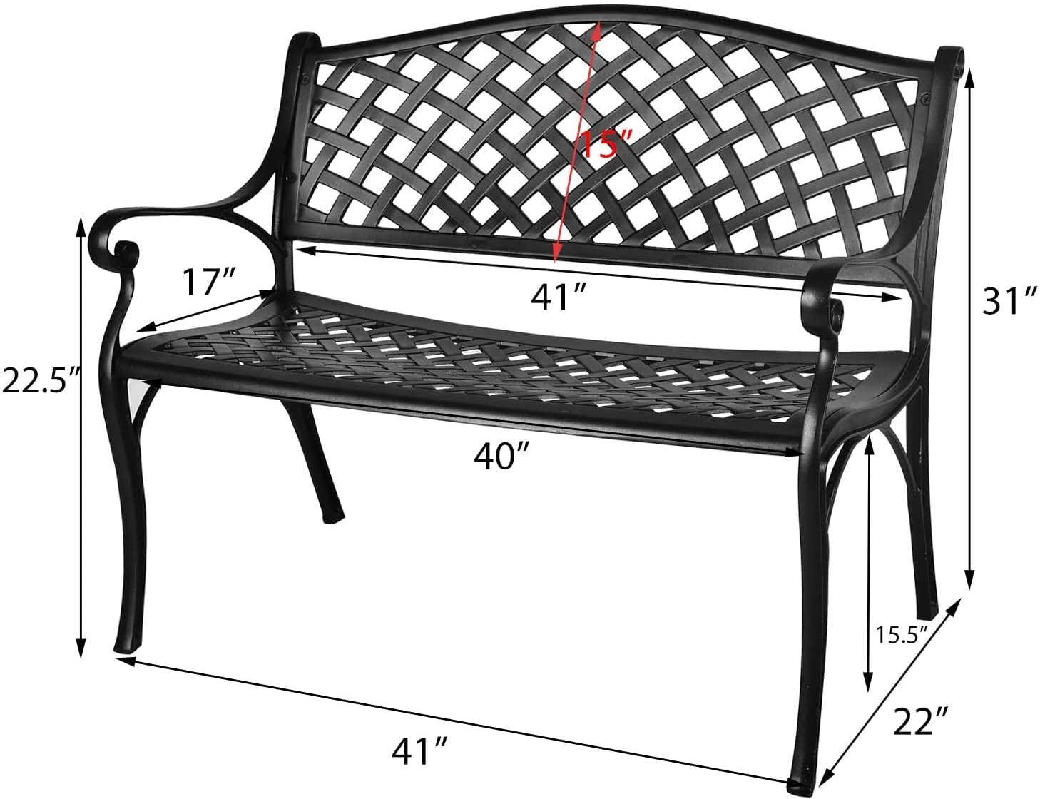 Grepatio Outdoor Patio Garden Bench - All-Weather Cast Aluminum Loveseat for Park, Yard & Porch - Durable Entryway & Garden Furniture with Checkered Design (Black) - Perfect for Outdoor Relaxation, Backyard Decor & Garden Seating