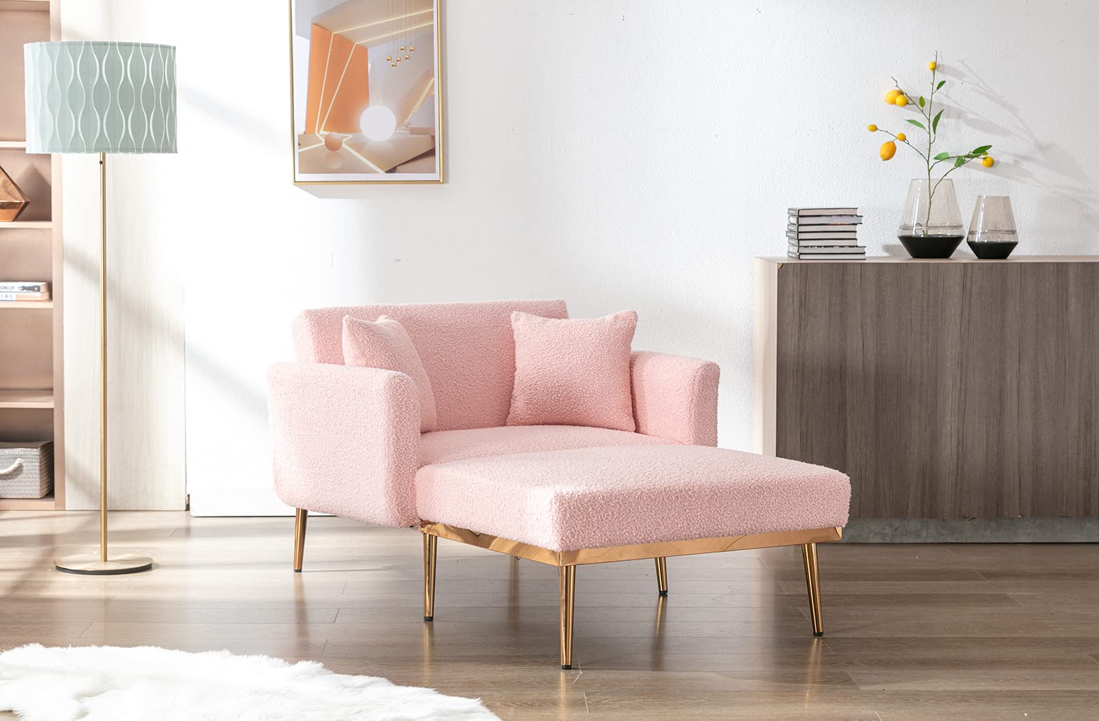 Teddy Fabric Chaise Lounge Chair - 3 Adjustable Angles, Converts to Bed with 2 Pillows, Tufted Sleeper Chair for Bedroom & Living Room (Pink) | Perfect for Relaxing, Reading & Napping