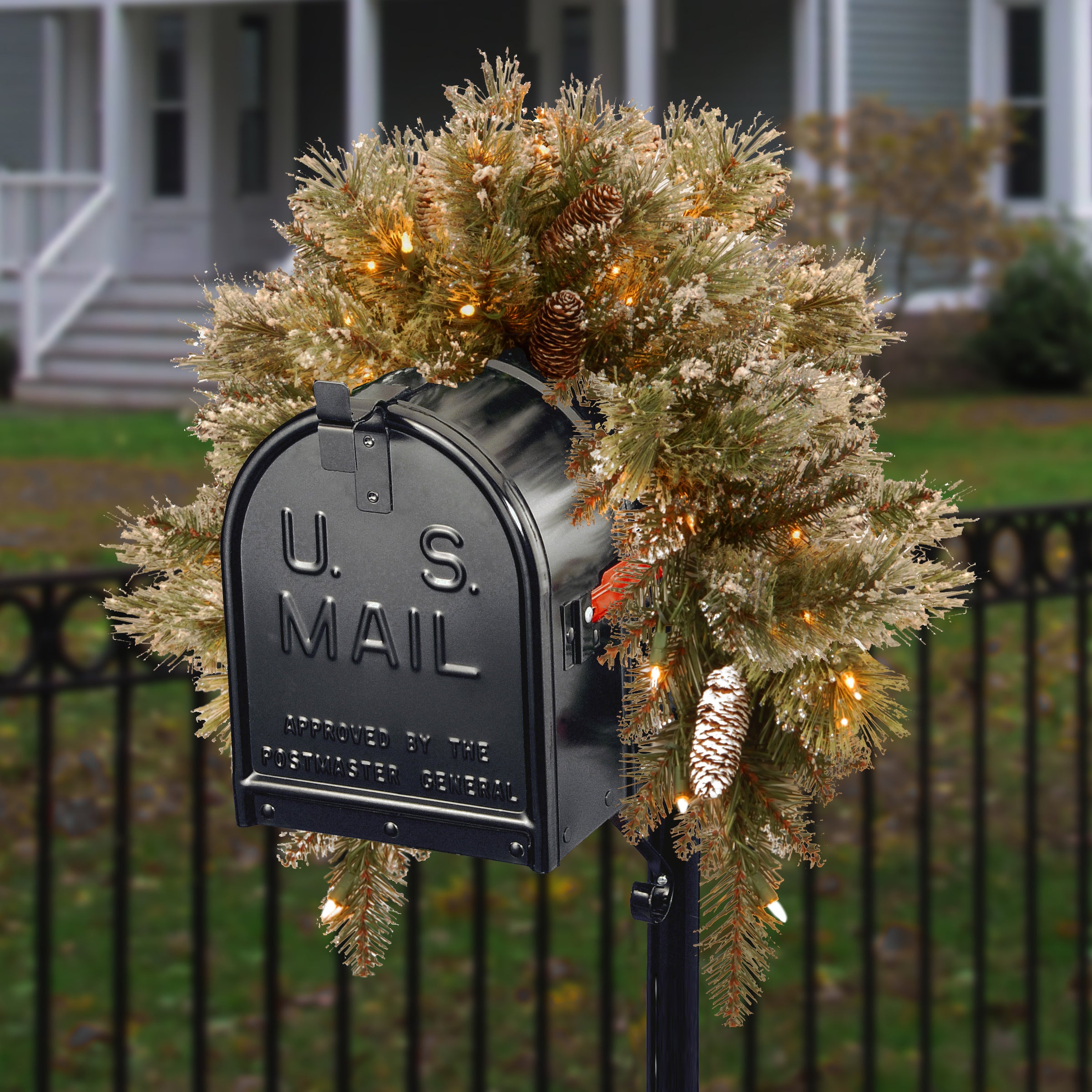 36 Inch Pre-Lit Glittery Bristle Pine Mailbox Swag with Warm White LED Lights - Festive Holiday Mailbox Decoration for Christmas, Front Porch & Outdoor Decor