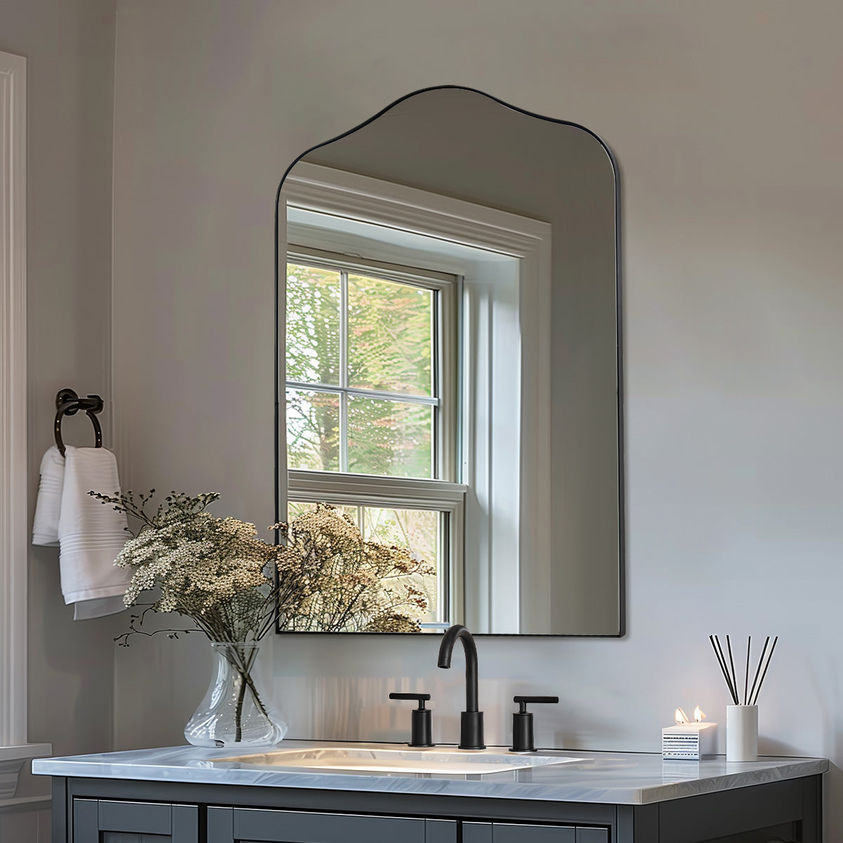 Contemporary Scalloped Arch Top Bathroom Mirror with Stainless Steel Frame - Elegant Vanity Mirror for Modern Bathrooms, Powder Rooms & Home Decor