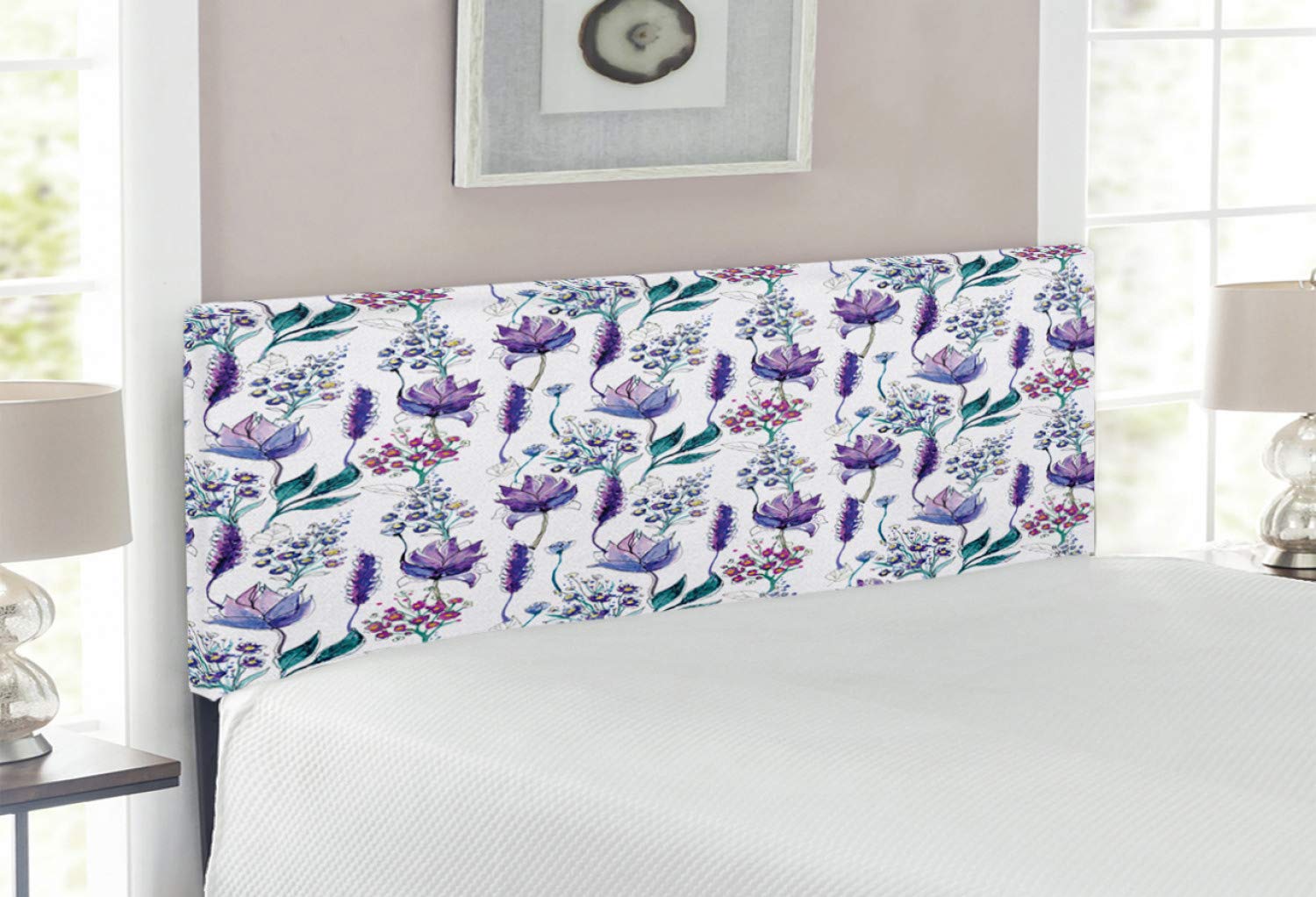 Ambesonne Floral Upholstered Headboard - Full Size Decorative Metal Bed Frame with Memory Foam, Botanical Plants & Exotic Watercolor Flowers Design in Lavender, Plum, Jade Green - Perfect for Bedroom Decor, Guest Room & Master Suite Styling