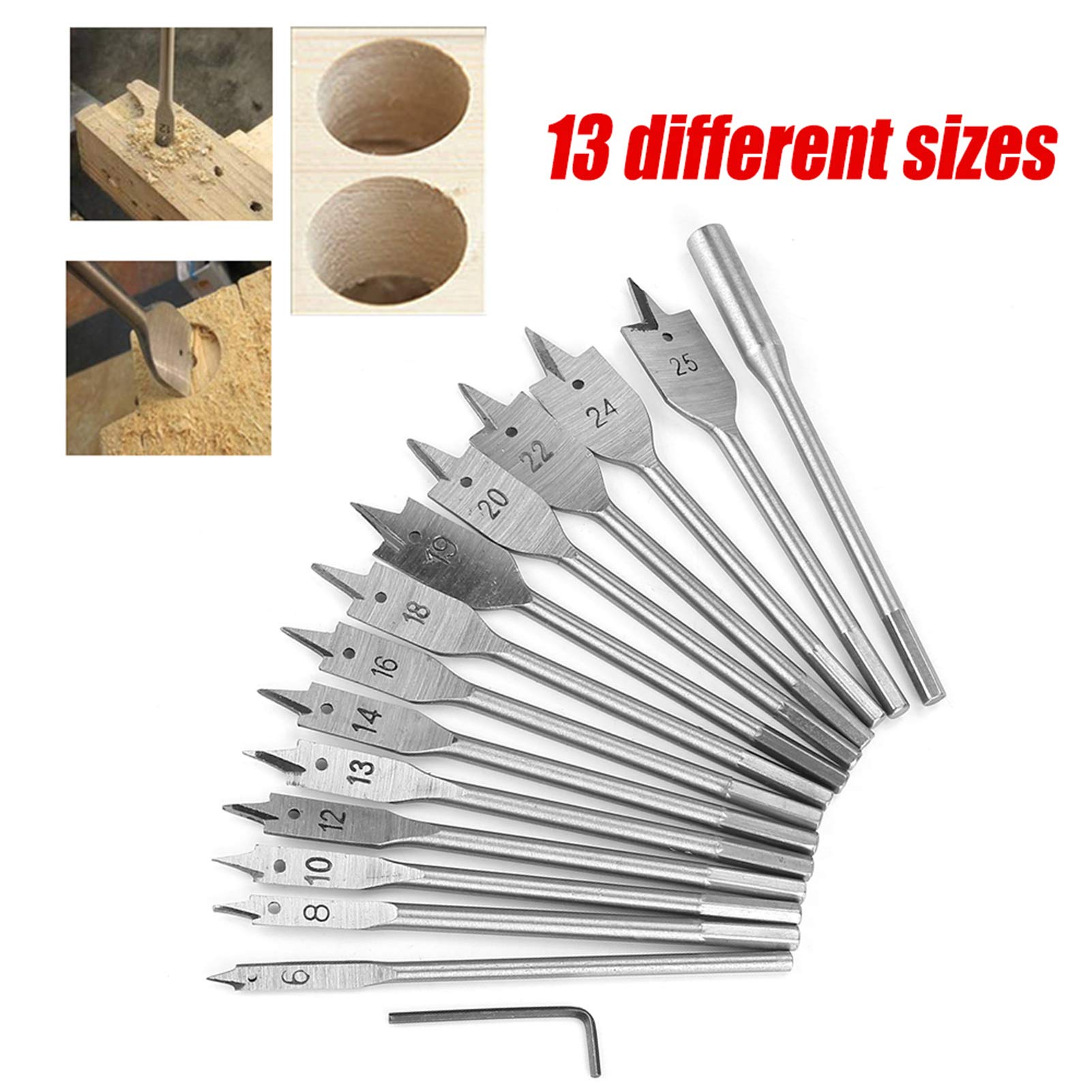 15pcs Carbon Steel Hex Shank Spade Flat Wood Drill Bit Set (6-25mm) - High Performance Woodworking Hole Saw for Power Tools | Perfect for DIY Projects, Furniture Making & Carpentry Work