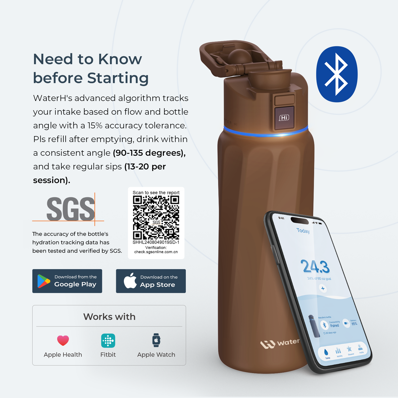 WaterH Boost Smart Water Bottle - 32oz Insulated Hydration Tracker with App | Leakproof Stainless Steel Water Bottle for Gym, Hiking & Office Use