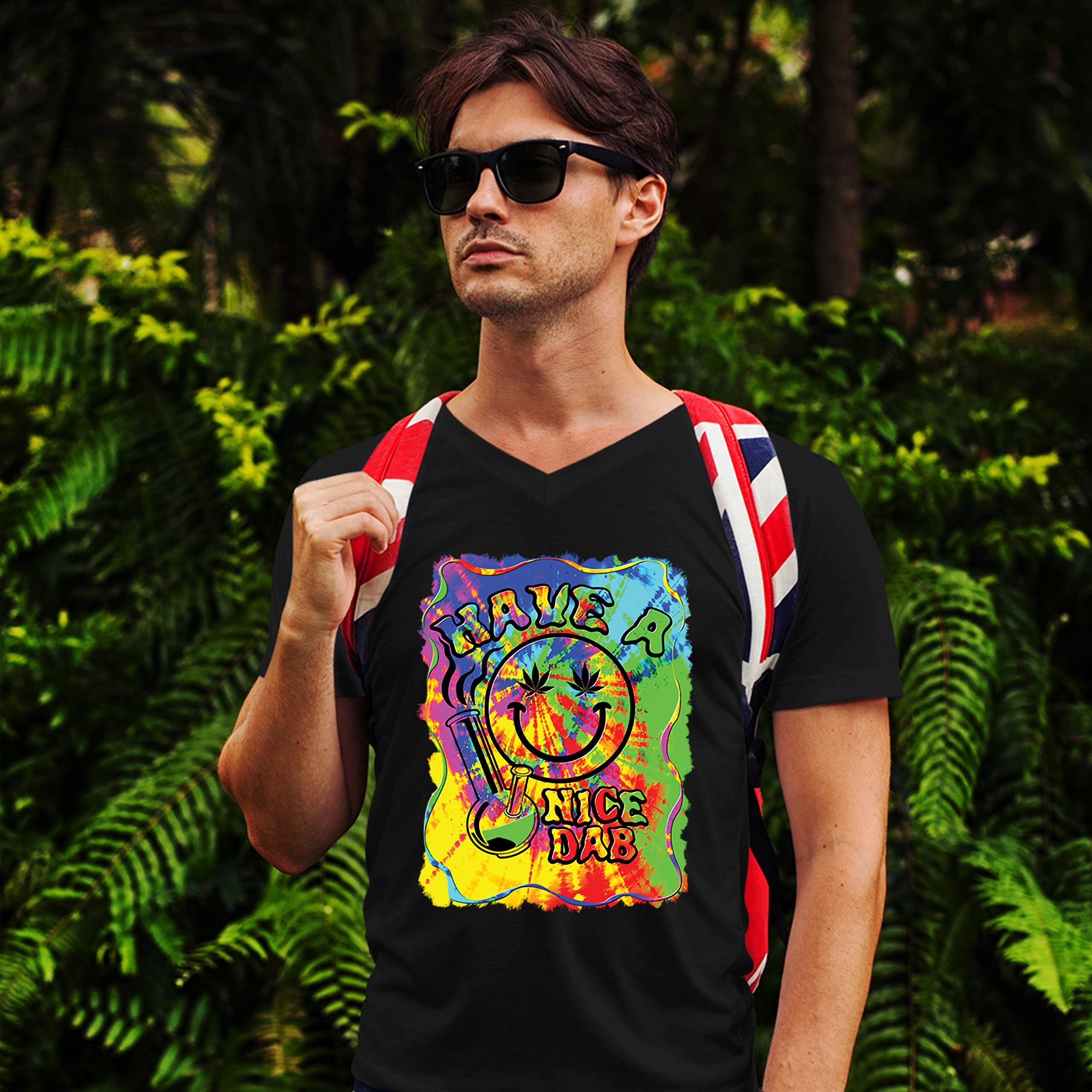 420 Happy Face Hitting Bong V-Neck T-Shirt | Funny Cannabis Weed Smoking Tee for Stoners & Dab Lovers | Perfect for 4/20 Celebrations, Smoke Sessions & Music Festivals
