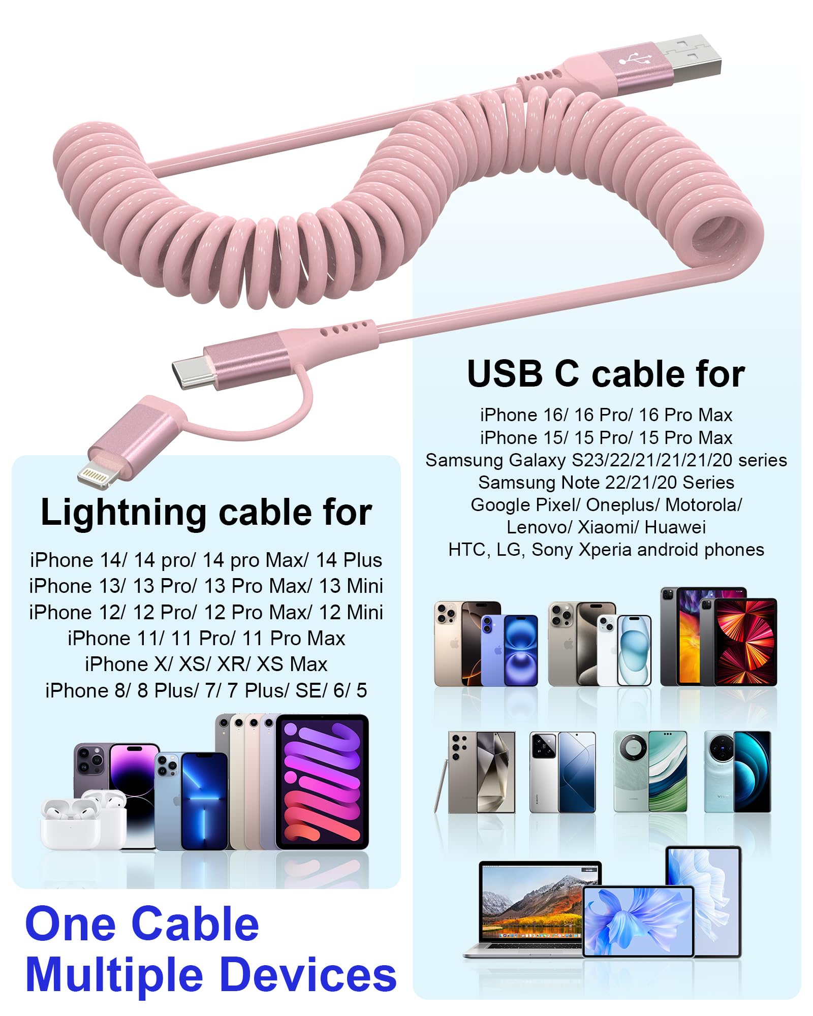 2-in-1 USB to Lightning & USB C Coiled Charging Cable - Pink iPhone & Android Fast Charger with Data Sync (Supports Apple CarPlay & Android Auto) - Perfect for iPhone 16/15/14/13/12/11 & Android Devices in Car, Home & Office Use