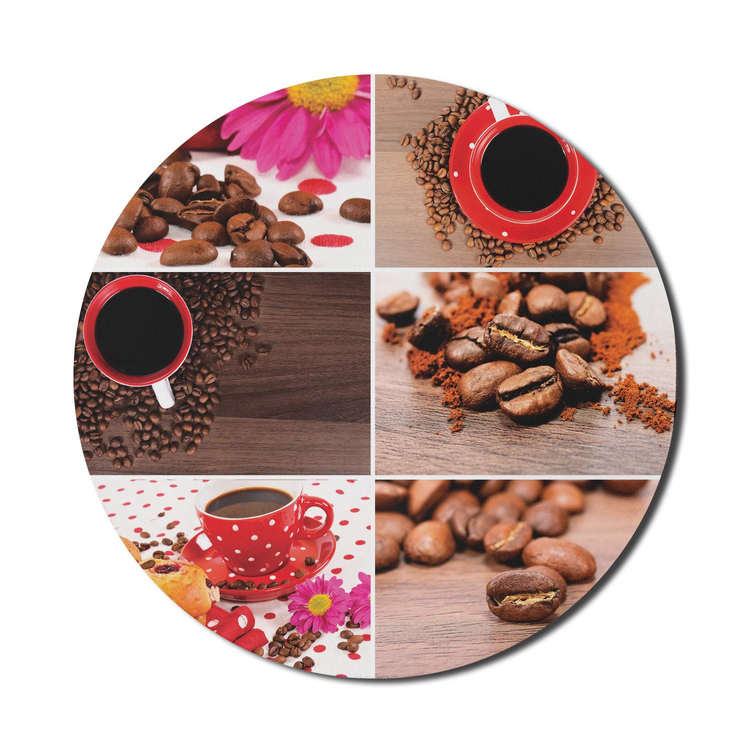 Ambesonne Round Coffee Themed Mouse Pad - Non-Slip Rubber Gaming Mousepad with Coffee Mugs, Polka Dots, Flowers & Beans Design (8 Inch, Brown/Red) - Perfect for Office, Home & Gaming Setups