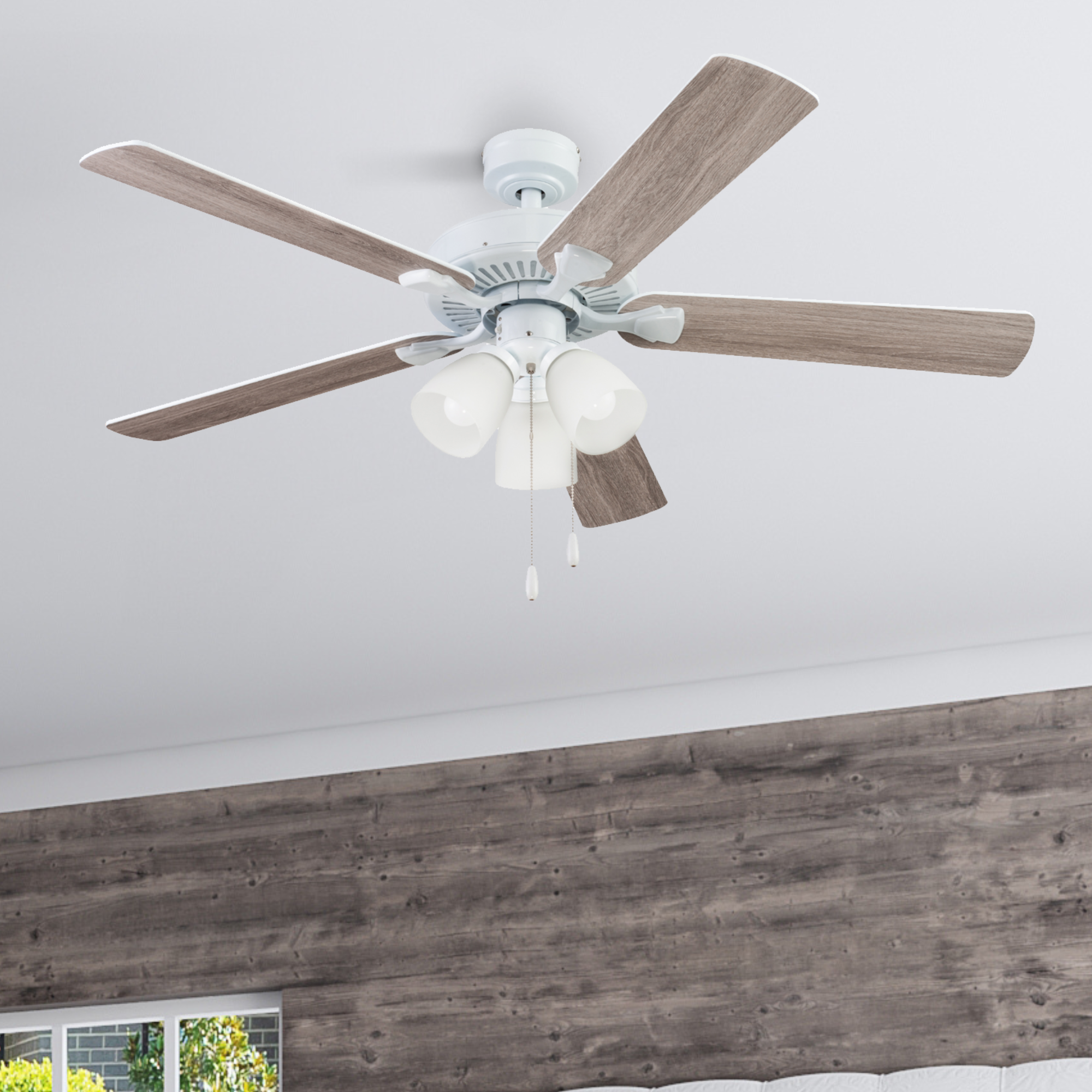52 Inch White Stannor Ceiling Fan with Pull Chain - Perfect for Living Room, Bedroom, and Outdoor Covered Patios