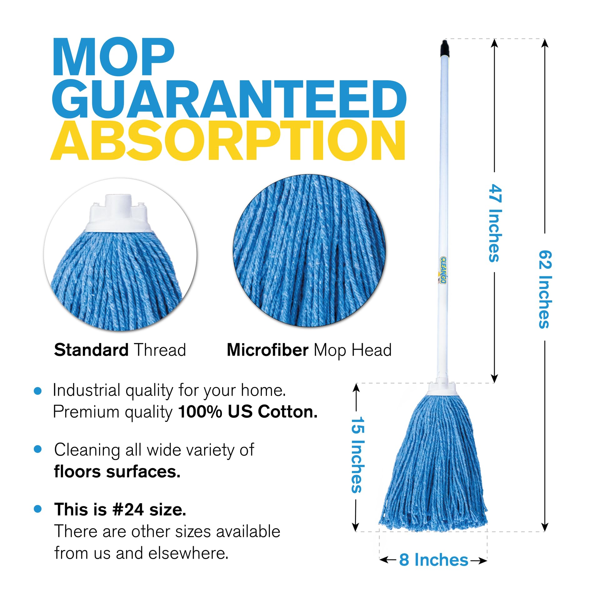 Premium Heavy Duty Cotton Mop Head Refill - Blue Color, Compatible with Standard Mop Handles | Durable Home, Commercial & Industrial Cleaning Solution | Machine Washable & Easy to Clean | Handcrafted in USA | Perfect for Hard Floors, Tile, Wood & High-Traffic Areas
