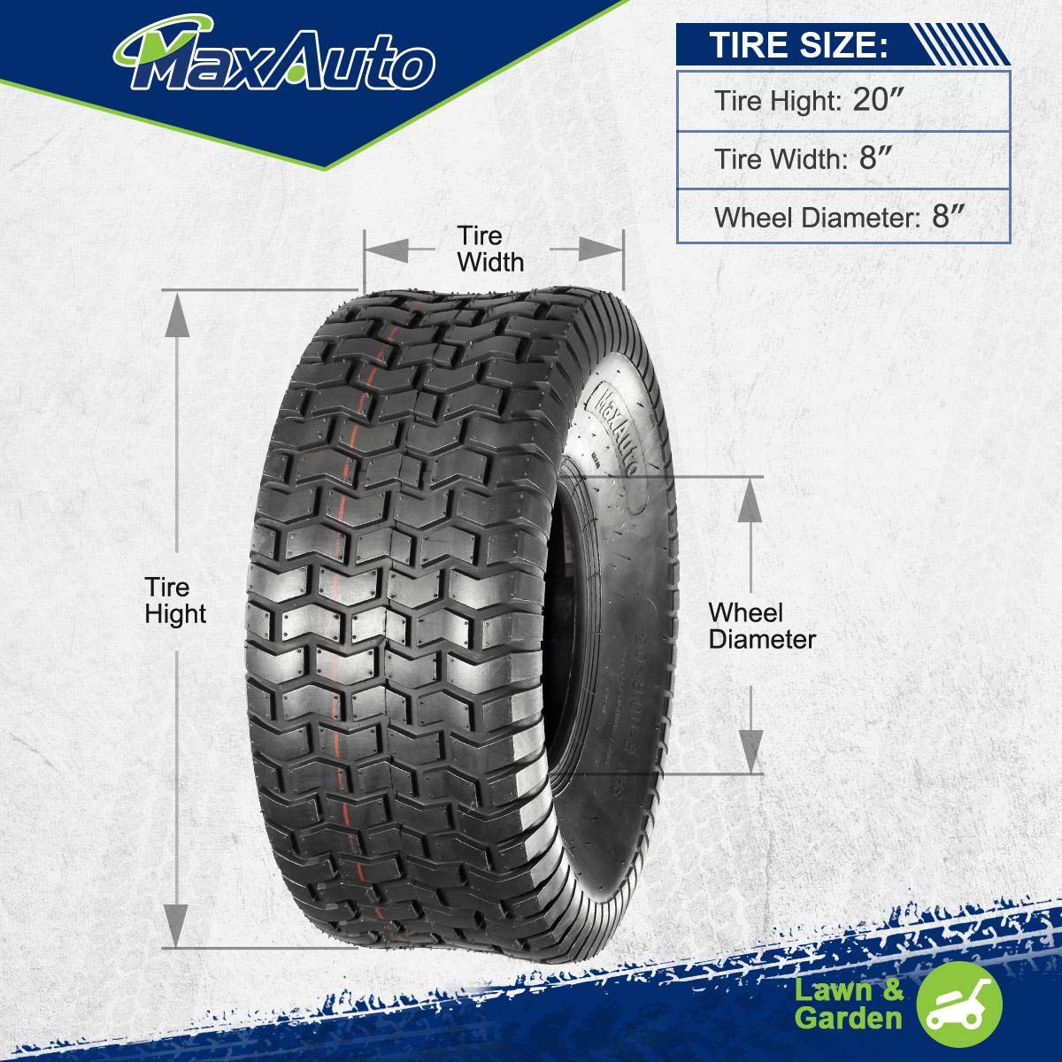 MaxAuto 20x8.00-8 Lawn Mower Tires - Heavy Duty 4 Ply Tubeless Tractor Tires (Set of 2) - 965lbs Capacity - Perfect for Riding Mowers, Lawn Tractors & Garden Equipment - All-Season Performance for Grass Cutting & Yard Maintenance