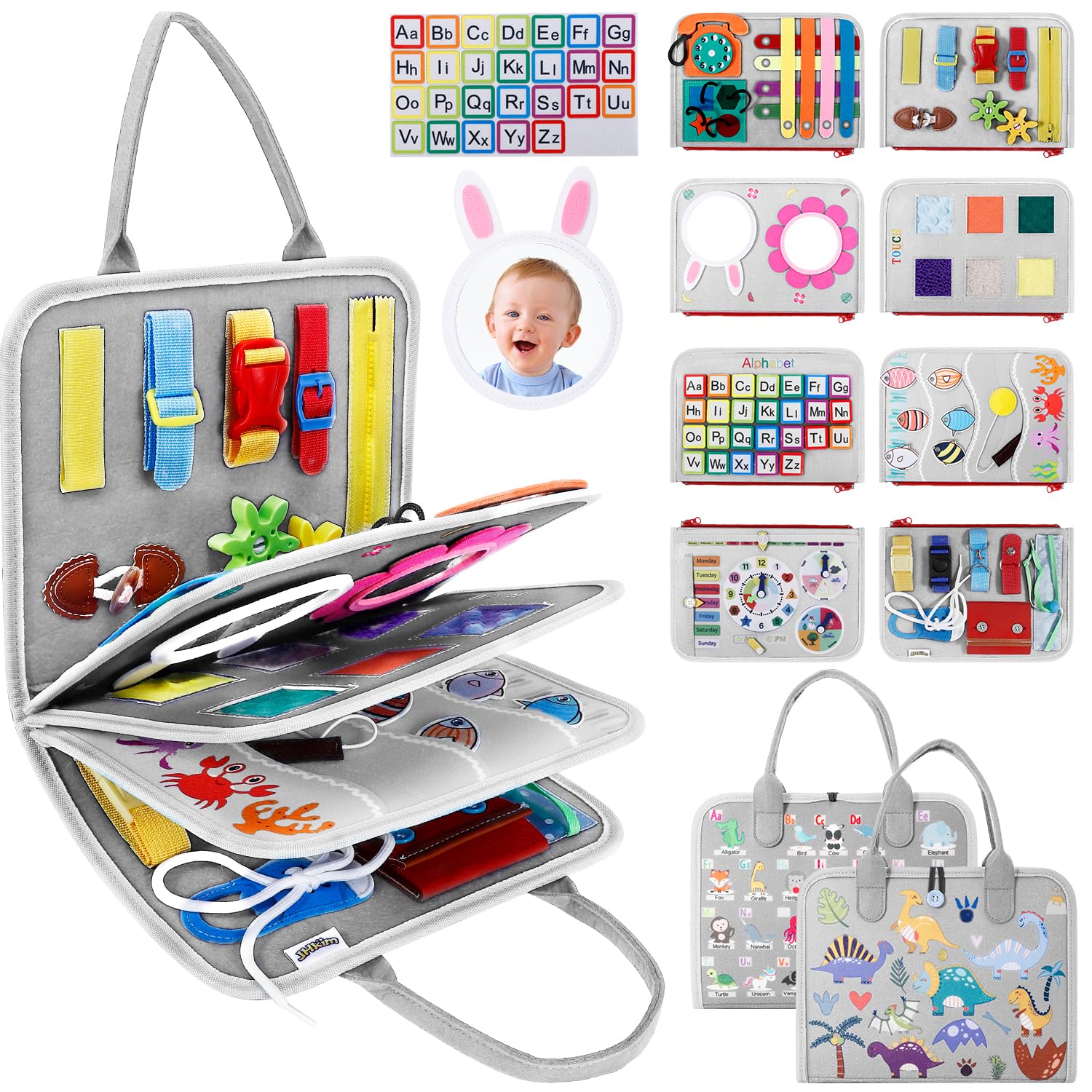 Montessori Busy Board Sensory Toys for Toddlers Age 1-4 - Educational Activity Board for Fine Motor Skills Development - Perfect Birthday Gift for Boys & Girls - Travel Learning Toy for Preschool & Autism Support (Gray) - Ideal for Home, Classroom & Car Rides