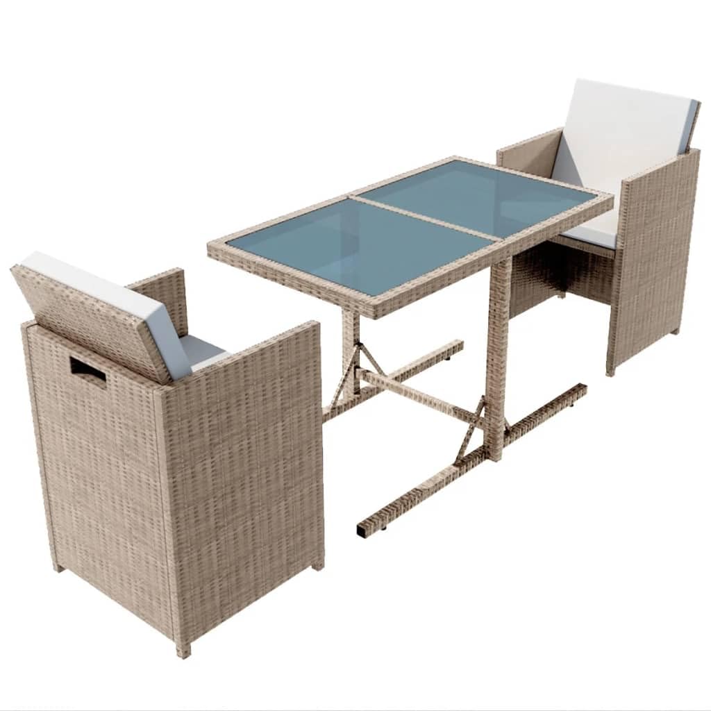 3-Piece Bistro Set with Cushions - Weather-Resistant Poly Rattan Patio Furniture in Beige - Perfect for Outdoor Dining, Garden, Balcony or Poolside Relaxation