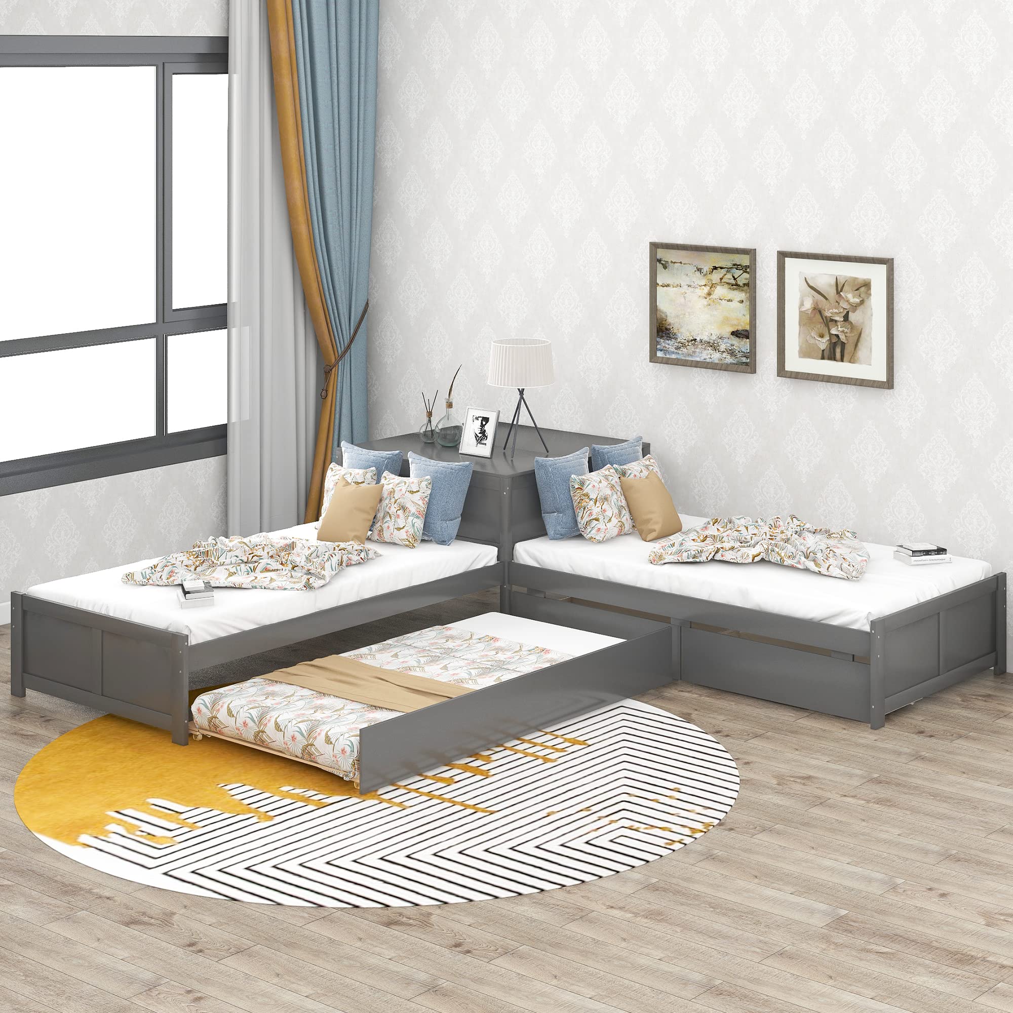 P PURLOVE L-Shaped Corner Bed with Trundle & 2 Drawers - Twin Size Platform Bed Frame for Kids & Teens - Built-in Study Table - Perfect for Small Bedrooms, Dorm Rooms & Multi-Functional Spaces