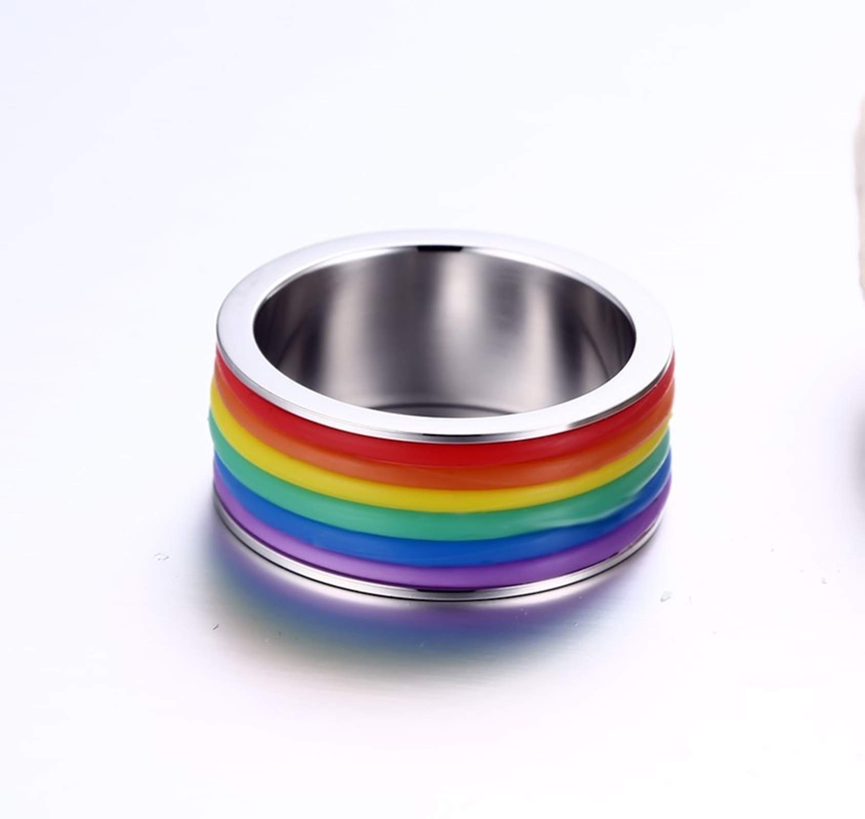 Beydodo LGBT Pride Rings for Men & Women - Stainless Steel Wedding Band with Silicone Rainbow Stripes - Size 6-13 - Perfect for Pride Events, LGBTQ+ Weddings & Everyday Wear