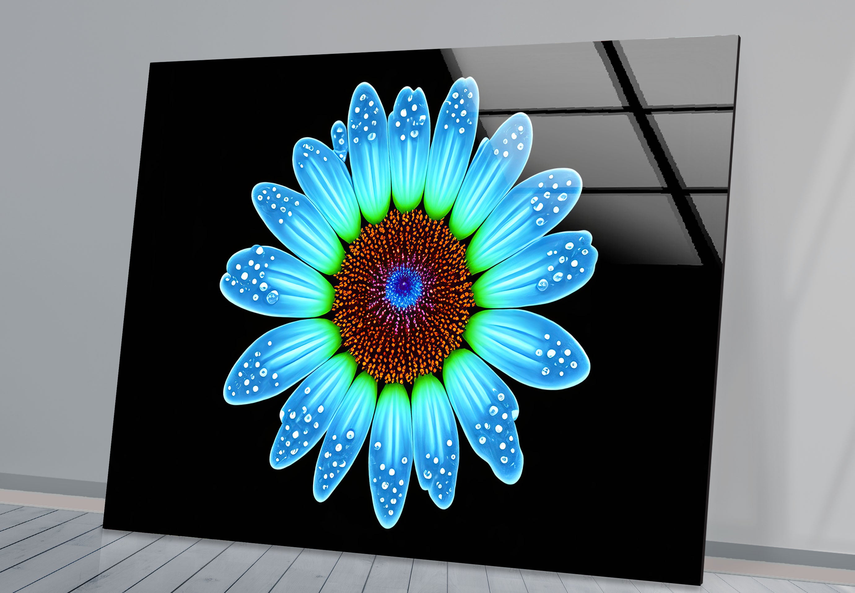 Blue Daisy Flower Wall Art - Luminous Glass Print on Black Background with Water Droplet Detail | Modern Home Decor for Living Room, Bedroom & Office | Elegant Botanical Wall Decor for Contemporary Interiors