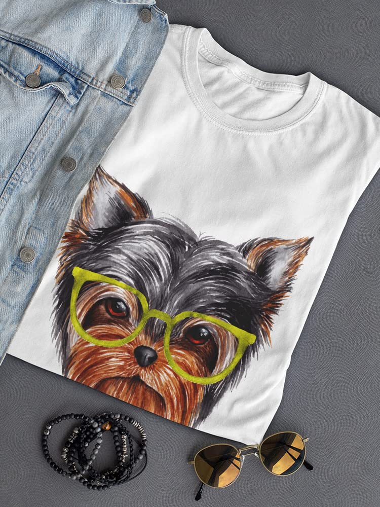 Smartprints Yorkshire Terrier Green Glasses T-Shirt for Women - Cute Dog Lover Graphic Tee for Casual Wear, Pet Owner Gifts, and Everyday Outfits
