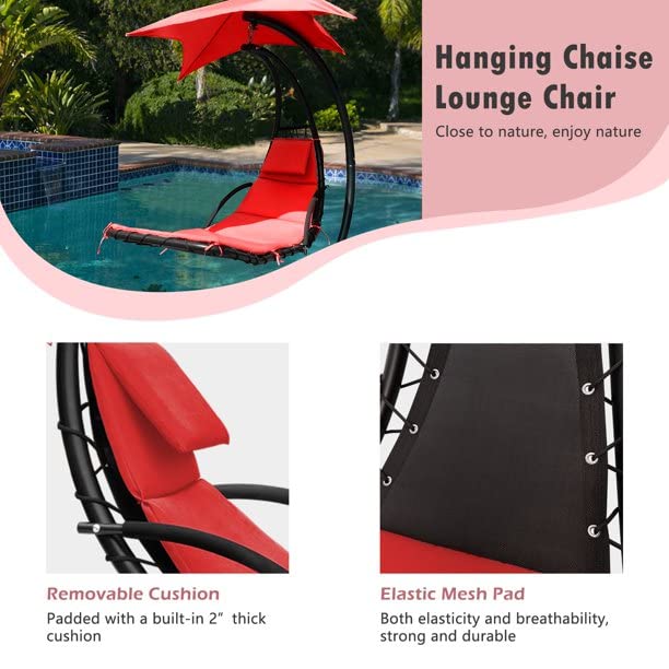 Outdoor Hanging Curved Chaise Lounge Chair - Patio Swinging Hammock with Pillow, Canopy & Stand - Perfect for Backyard, Garden, Poolside Relaxation (Red)