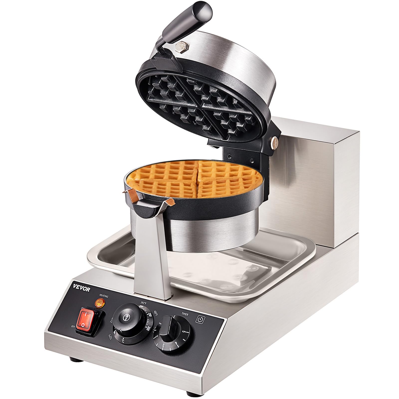 VEVOR Commercial Waffle Maker - 1300W Round Waffle Iron with Non-Stick Teflon Coating, 1 Piece per Batch, Adjustable Temperature 122-572°F (50-300°C), Stainless Steel Body, 120V - Perfect for Restaurants, Cafes, and Breakfast Catering