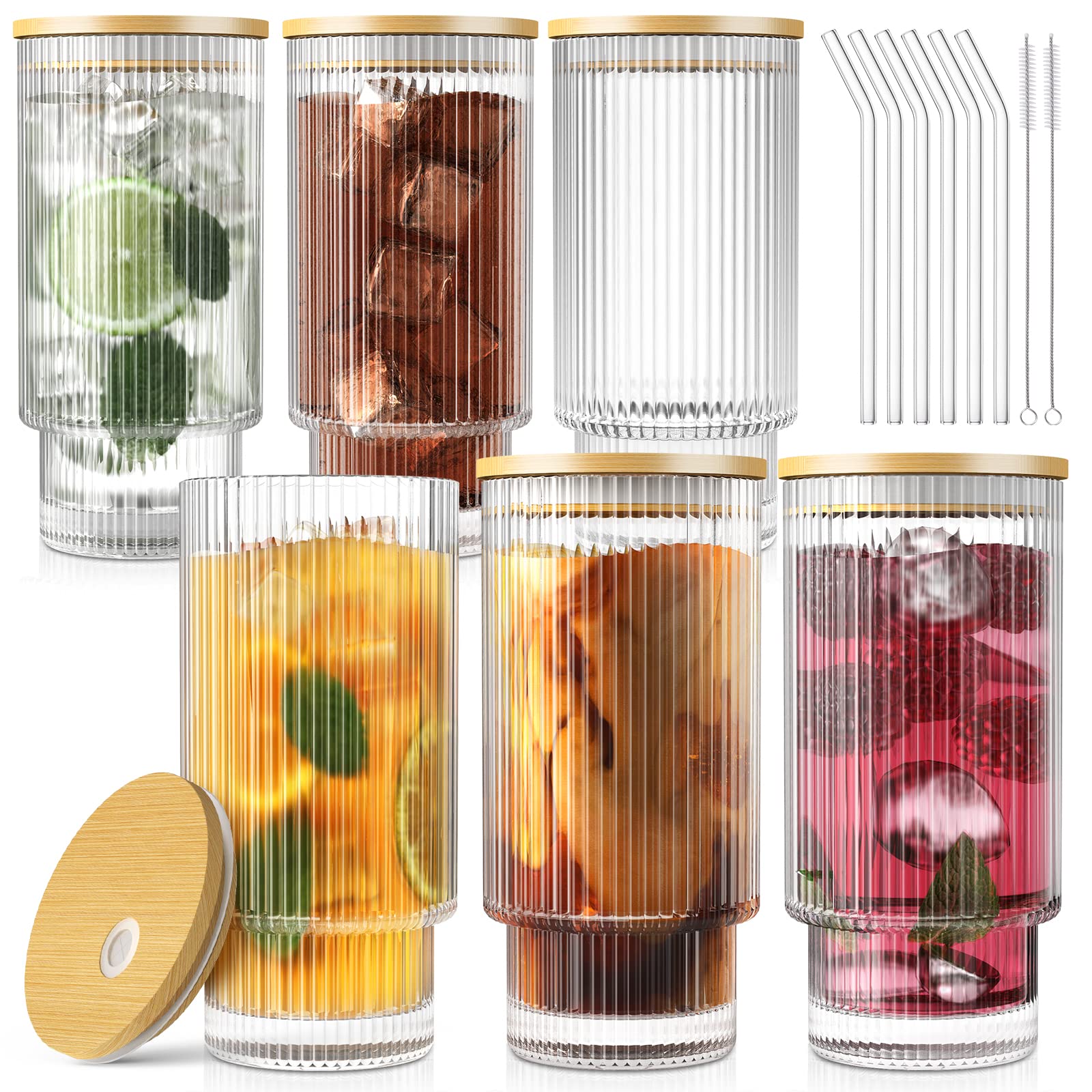 Vintage 16Oz Glass Cups Set of 6 - Ribbed Drinking Glasses with Lids & Straws for Whiskey, Cocktails, Beer & Iced Coffee - Perfect for Home Bar, Parties & Cute Gifts