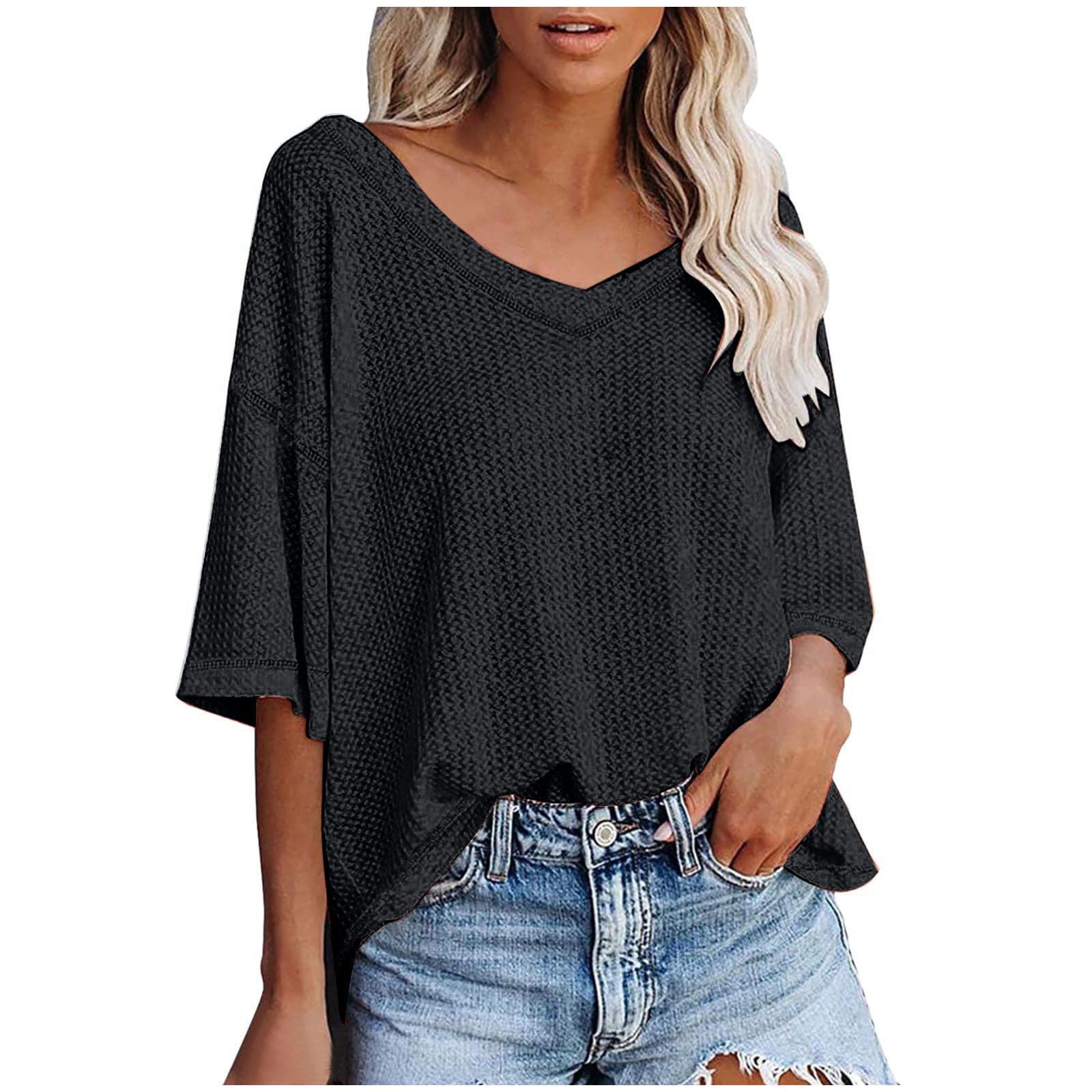 HRAPDA Women's Casual Waffle Knit Tops - Cute Summer Short Sleeve V-Neck Loose Fit T-Shirt Blouse for Going Out & Daily Wear | Perfect for Beach, Vacation, and Casual Outings
